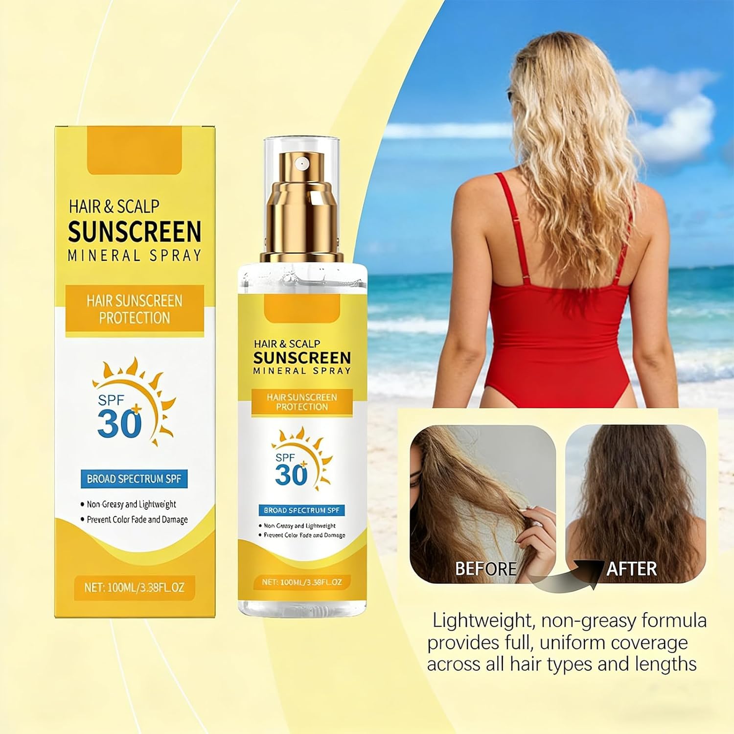 Scalp Sunscreen Spray SPF 30 - Weightless Hair & Scalp Protector for Dyed/Highlighted Hair, Non-Greasy UV Blocker for Beach, Pool, Outdoor Activities (3 Pack)