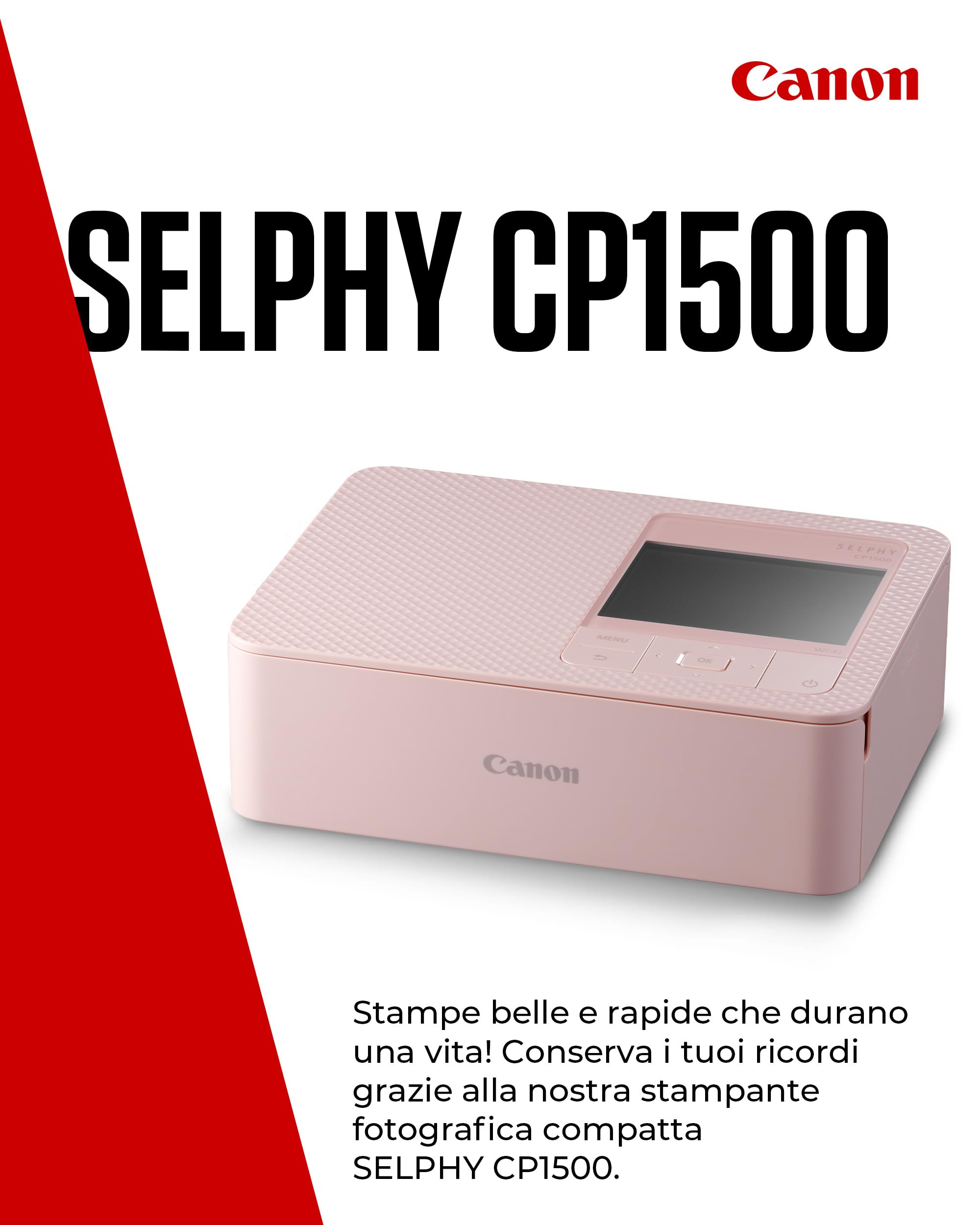 Canon SELPHY CP1500 Stampante Fotografica Compatta – Stampante per Fotografie Wireless, con Porta USB-C e Scheda SD – Foto che Durano a Lungo - Ideale per Album di Ritagli e Album Fotografici, Rosa