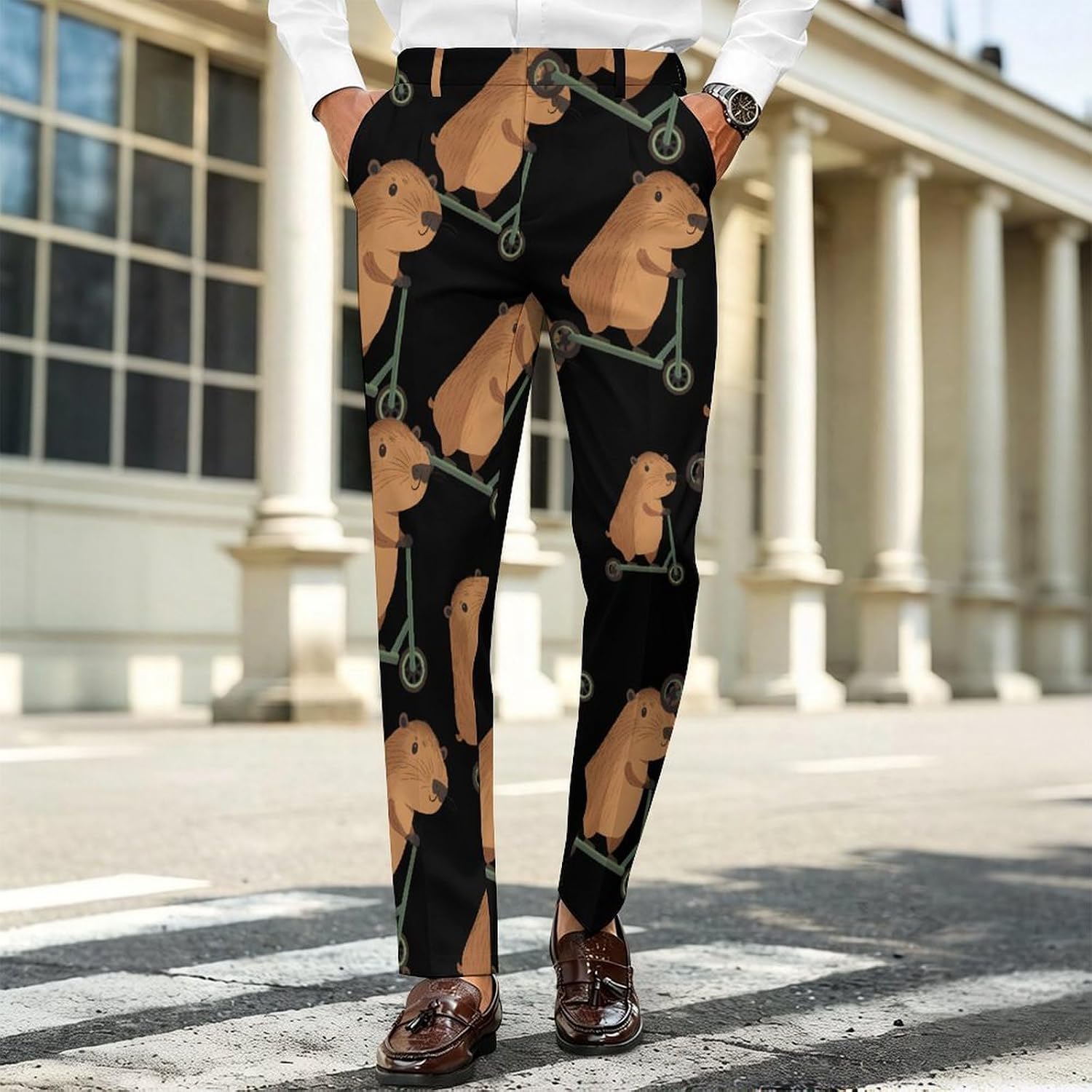 Cute Capybara Riding Scooter Men's Classic Fit Suit Pants Straight Leg Design Printed Trousers