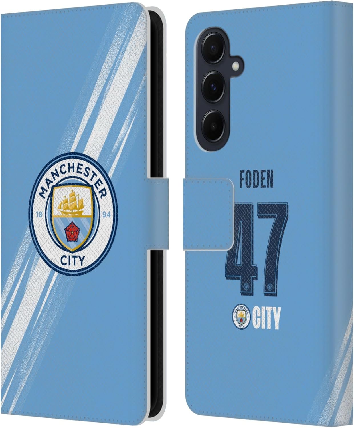 Head Case Designs Officially Licensed Manchester City Man City FC Phil Foden 2025/26 Players Home Kit Leather Wallet Case Compatible with Samsung Galaxy A55 5G