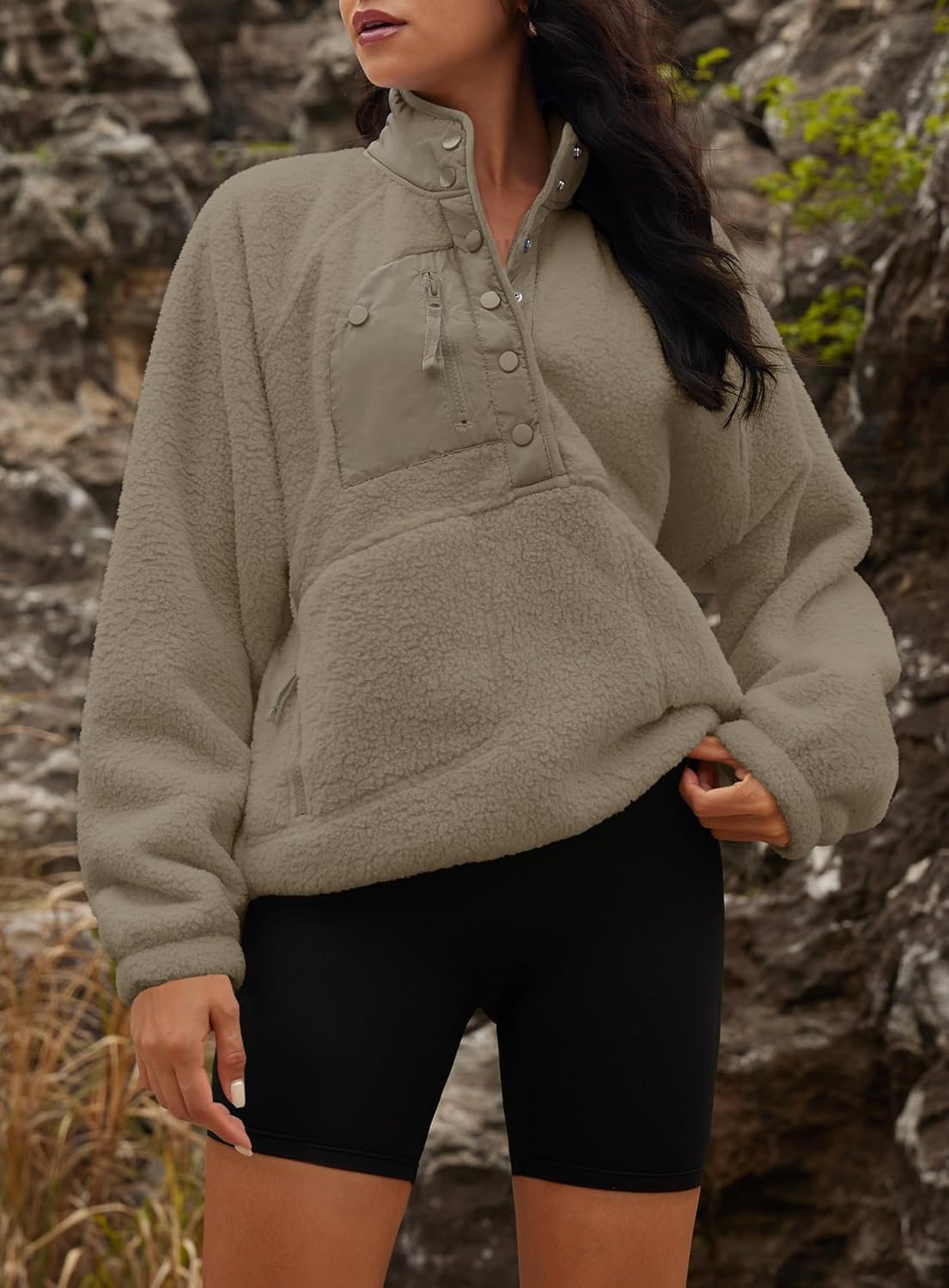 Yanekop Womens Fuzzy Fleece Pullover Sherpa Sweatshirt Long Sleeve Button Down Sweater Winter Fleece Jacket with Pockets - Image 3