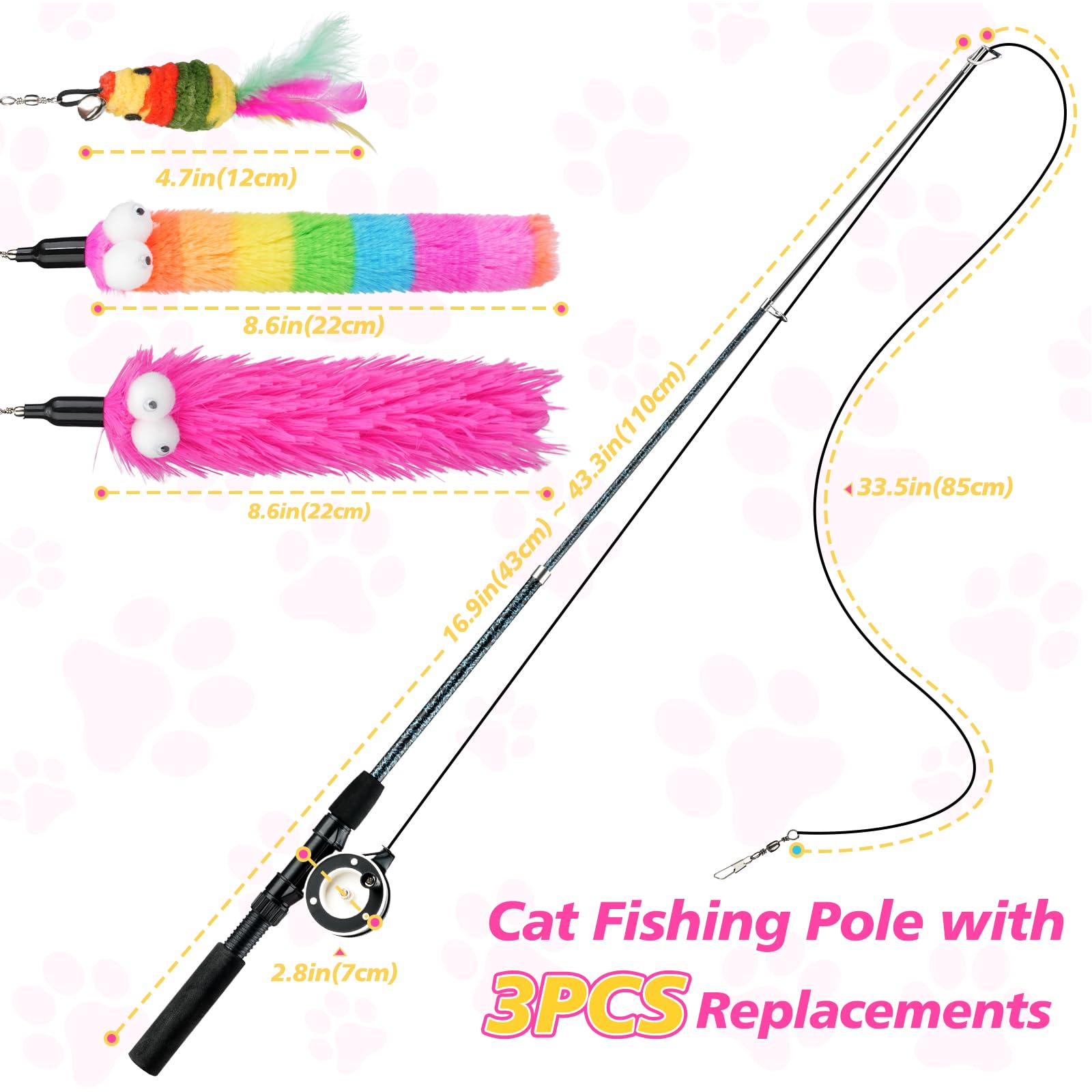 Pawaboo Bacchetta Teaser per Gatti, Canna da Pesca per Gatti con Confezione da 3 Ricariche con Piume, Giocattolo con Piume Retrattile a 3 Sezioni con Carrucola e Campanellino, Arcobaleno + Rosa Rossa