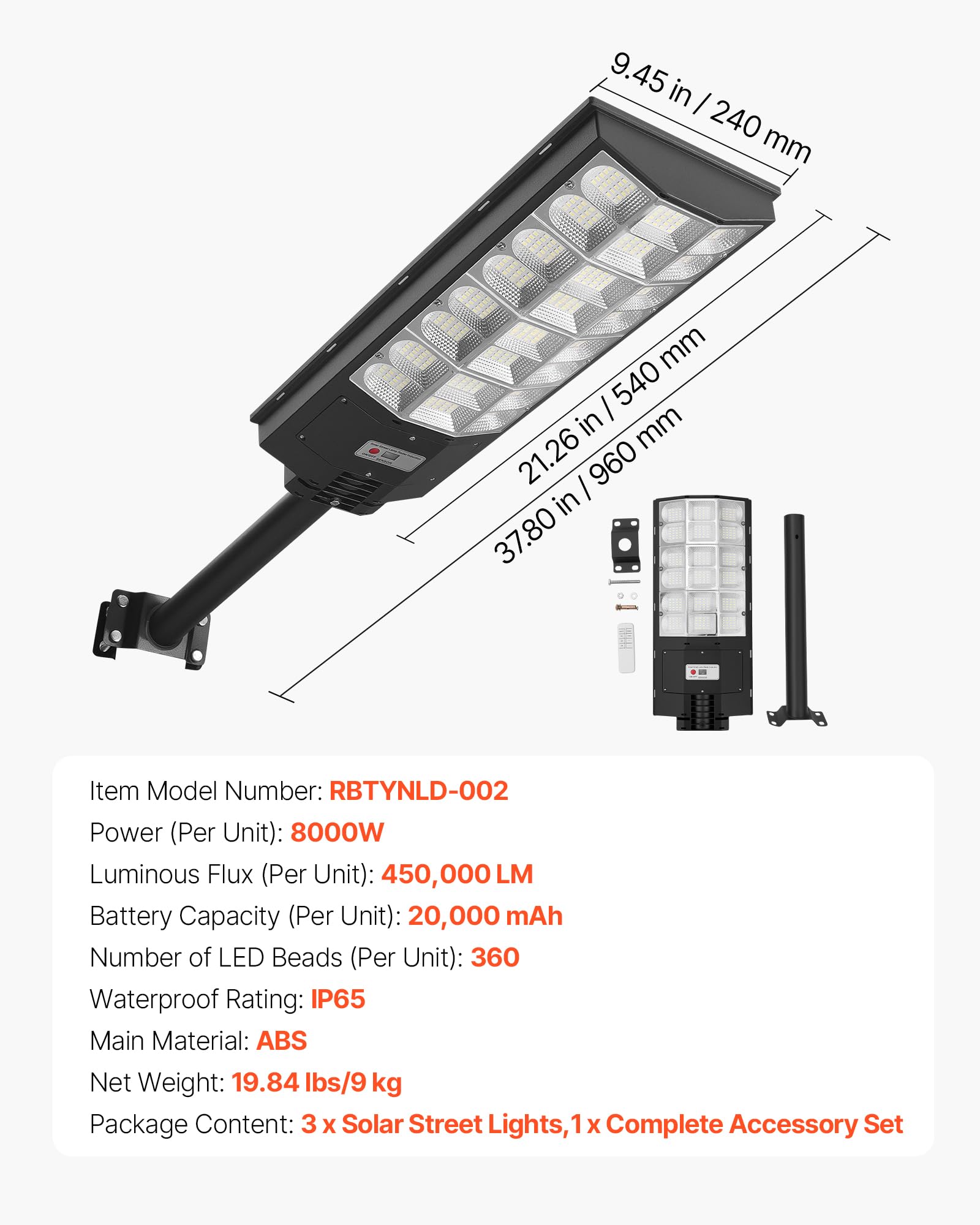 VEVOR Lampioni Solari da Esterno da 8000 W 450000 LM, Faretto per Parcheggio Commerciale Lampada di Sicurezza a LED con Sensore di Movimento, Illuminazione Esterna per Garage 3 pezzi