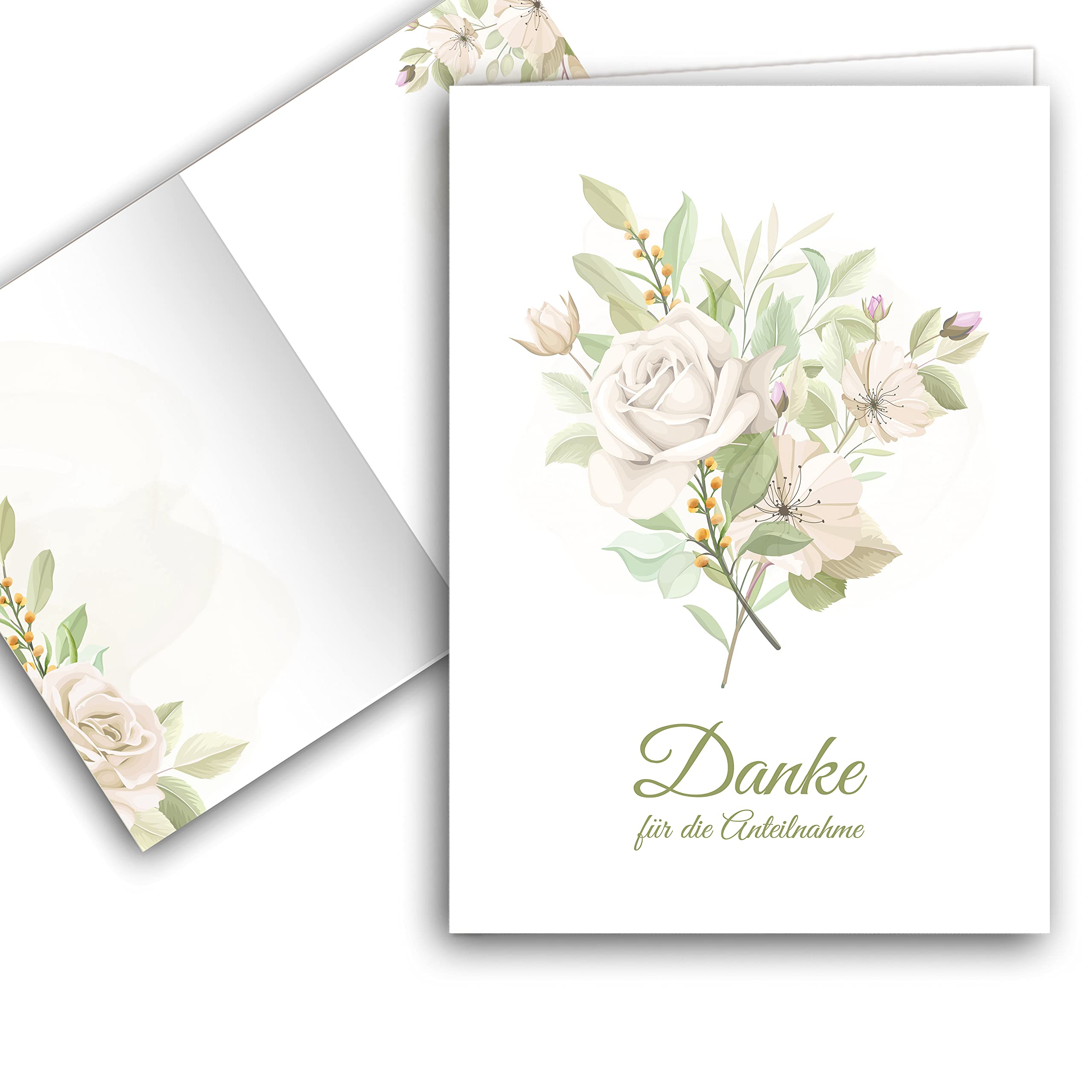 Klasse Greeting Card, 10 x Thank You/Sympathy Mourning Cards with Envelope, A6 Postcard Format, Light Green Rose Design