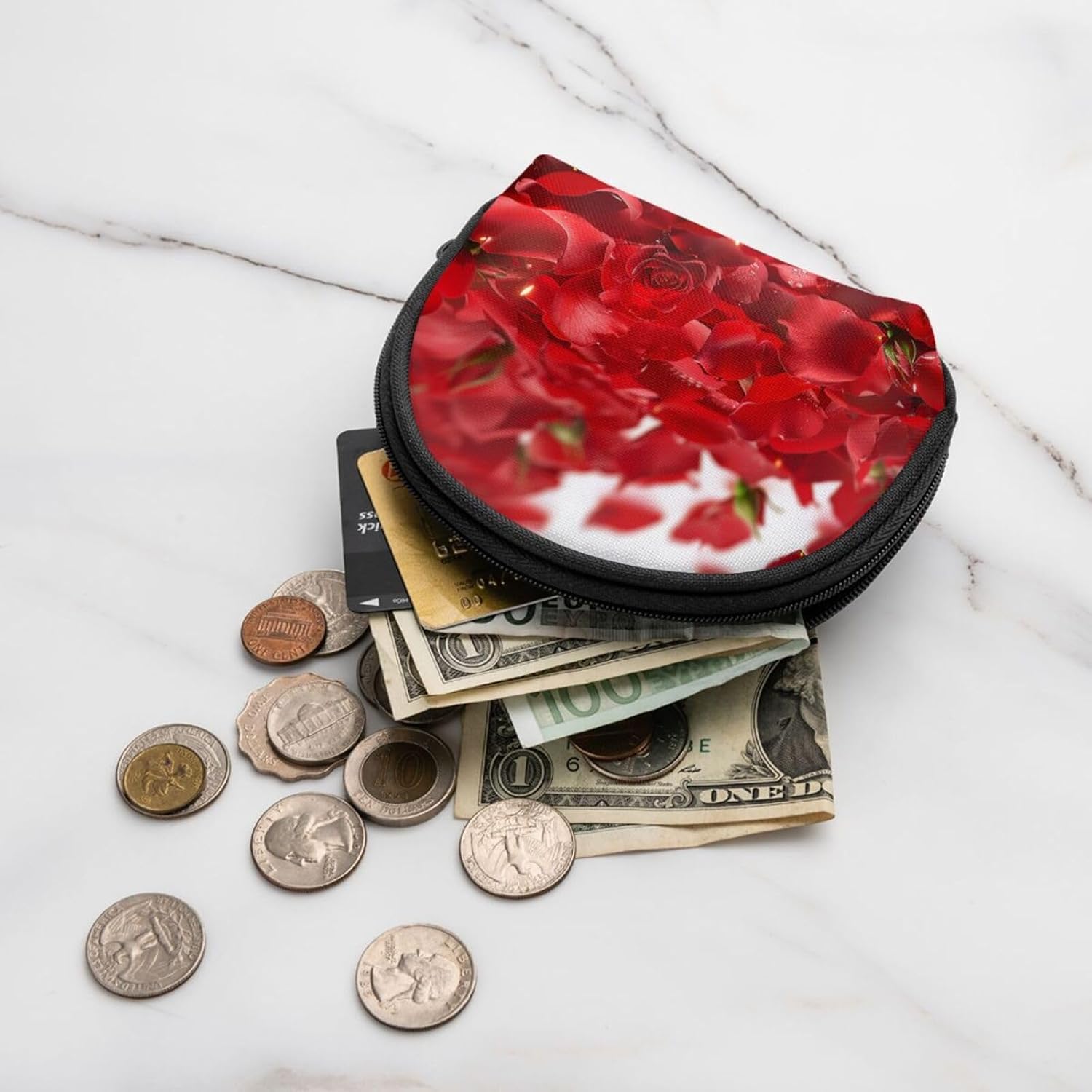 Red Rose Petals Printed Coin Purse for Women Cute Small Change Wallet Mini Coin Purses Pouch with Zipper
