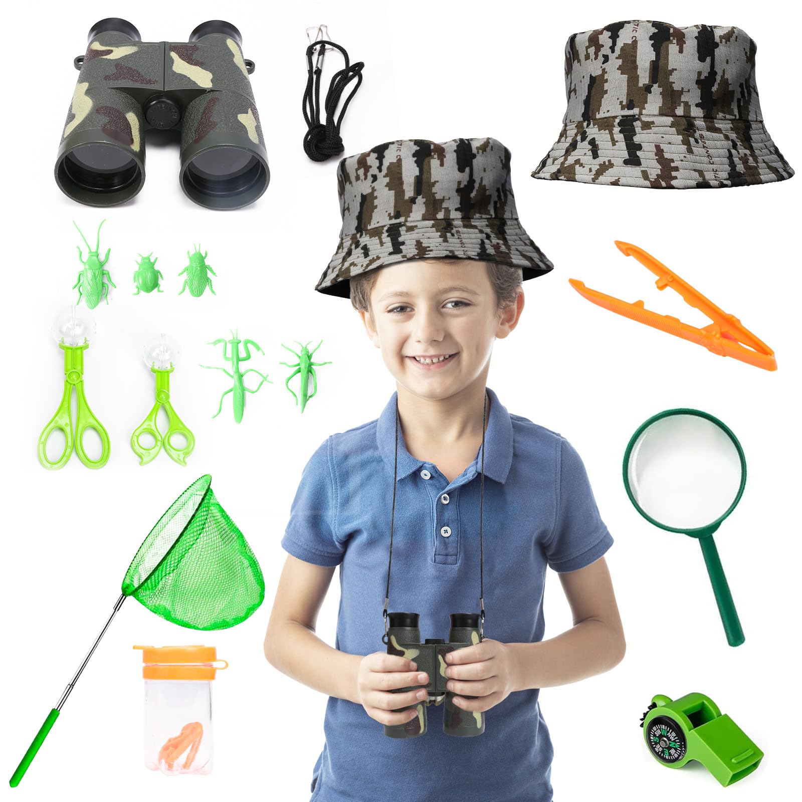 Explorer Costume Kids Kit,Bug Hunting Kits for Children with Hat,Kids Binoculars,Compass,Outdoor Adventure Bug Collecting Toys for 3+ Year Olds Boys Girls Gifts Hunting&Park Ranger Zoo