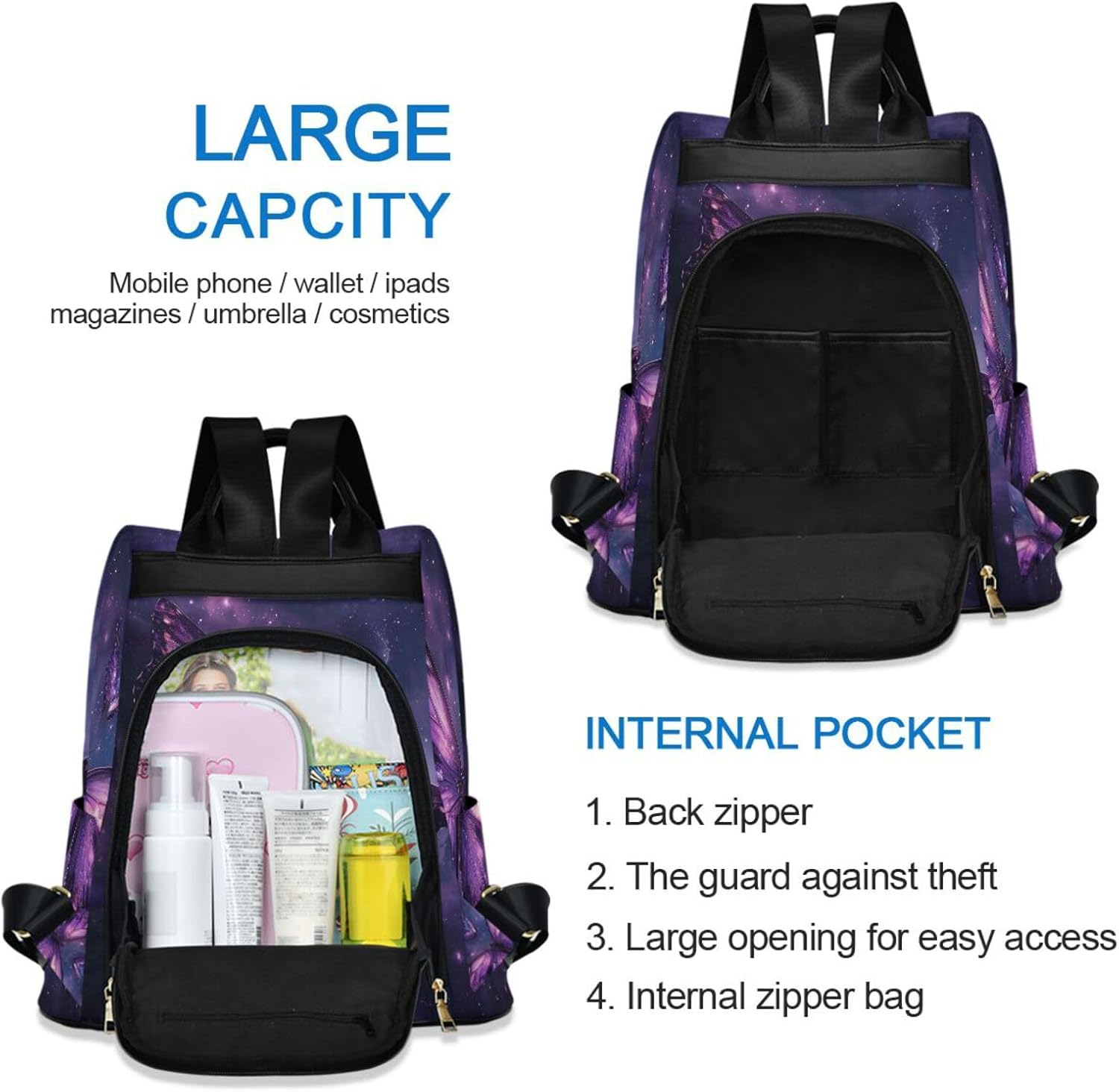 Anti Theft Backpack Butterflies Purple Galaxy Women Large Fashion Travel Shoulder Bag Purse Rucksack Lightweight - Image 5