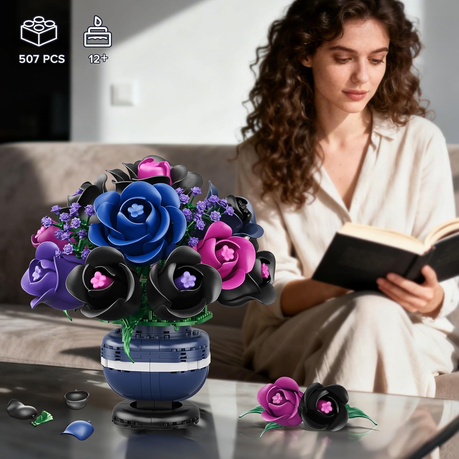 Flowers Botanicals Building Set - Artificial Purple Black Rose Bonsai Plant for Home Decor, 507PCS Artificial Flowers Building Set Indoor Gothic Decoration, Valentine Birthday Gifts for Adults - Image 2
