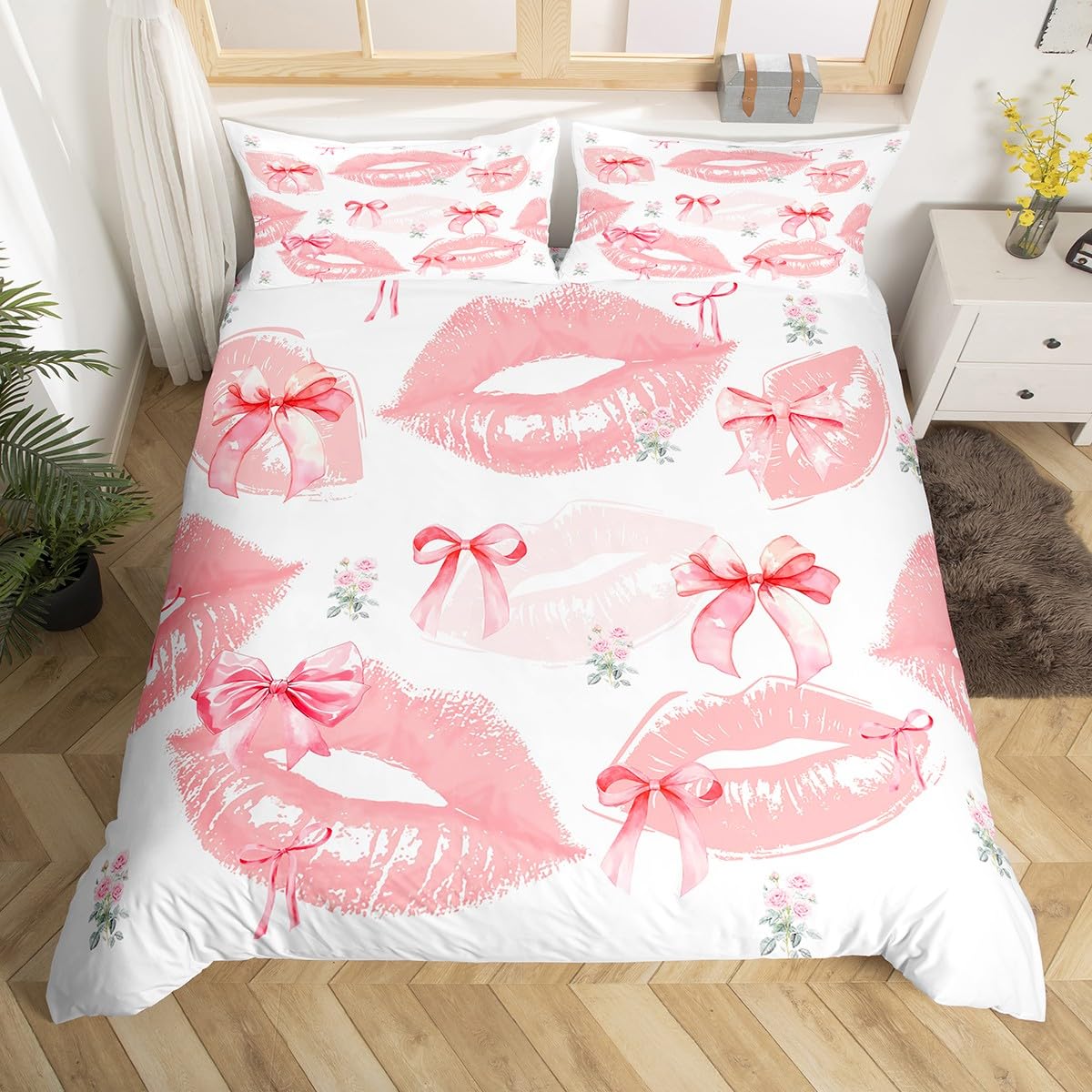 Homewish Bettbezug, 200 x 200 cm, Mädchen, Rosa, 3-teilig, Bettwäsche für Kinder, niedliche Fliegen, Bettbezug-Sets mit romantischem Lippendruck, Tagesdecke, ästhetische Blumen