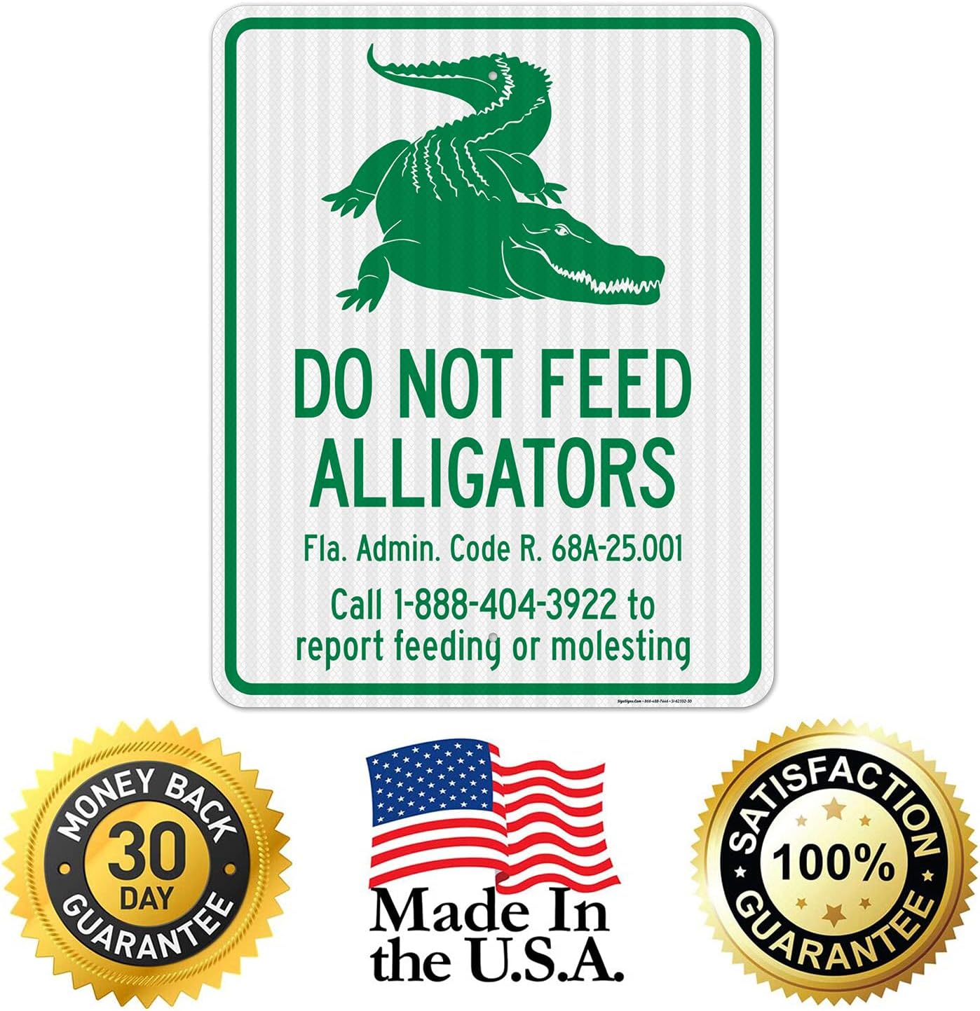 Florida Alligator Warning Sign Do Not Feed Alligators FLA Admin Code R 68A2500 Sign, 24x30 Inches, 3M EGP Reflective .080 Aluminum, Fade Resistant, Made in USA