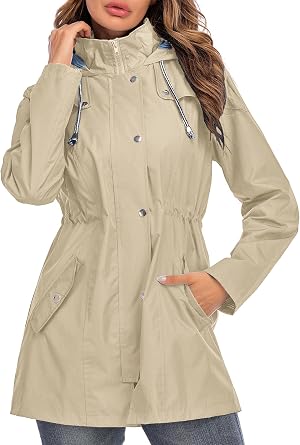 Kikibell Rain Jacket Women Striped Lined Hooded Lightweight Raincoat Outdoor Waterproof Windbreaker
