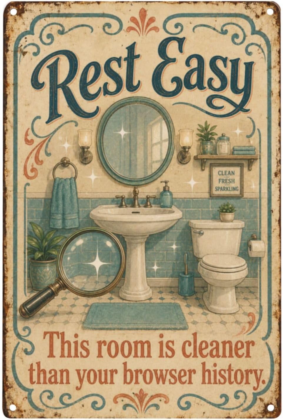 Rest Easy Tin Sign, Bathroom Wall Decor, Aluminum, 8x12 Inch