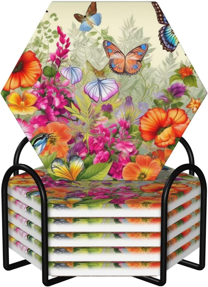 ドリンクコースター6個セット セラミックコースター ホルダー付き 鳥 花 蝶 ラウンドコースター ドリンク用 卓上保護 カップマット