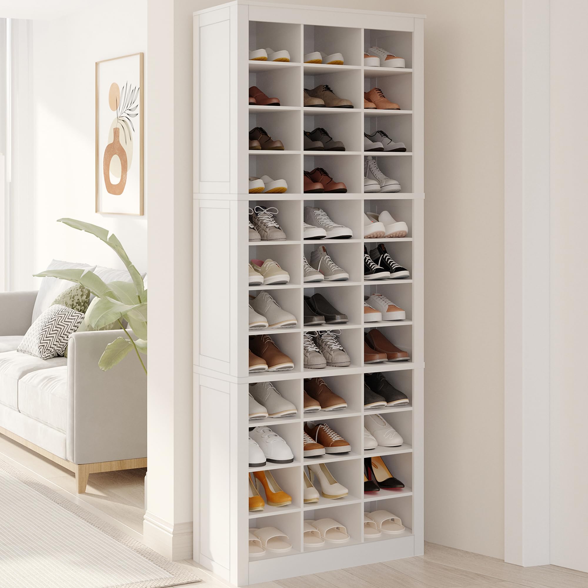 hzuaneri shoe storage cabinet, 36 pairs free standing closet organizer | 9 inch widened cell wood shoe organizer, 12 tiers vertical space saving shoe rack for entryway, cloakroom, white sr20703x