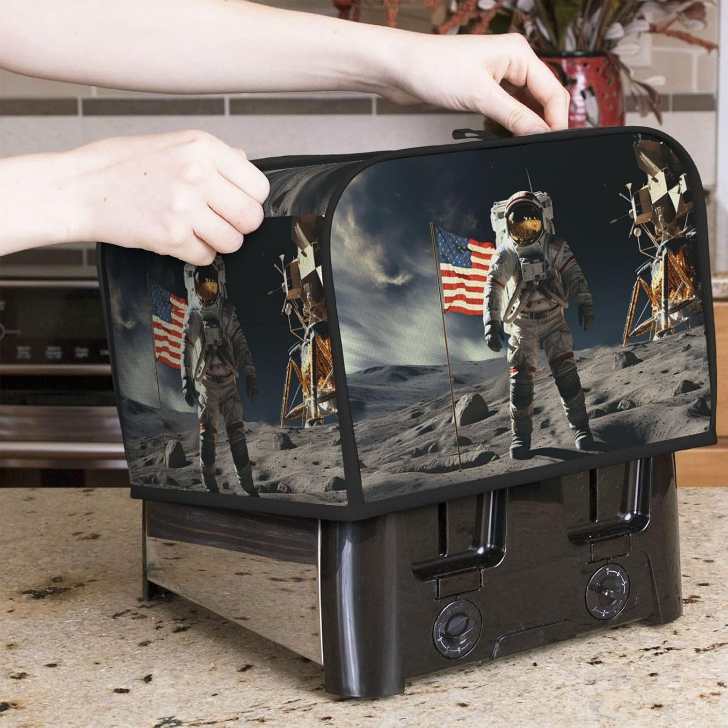Astronaut Landing on The Moon Toaster Cover 4 slice Kitchen Small Appliance Covers with Pockets Toaster Dust Cover with Top Handle Oven Cover Washable Universal Bread Maker Cover for Kitchen