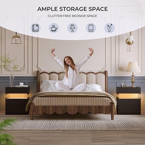 Miniatura 6 de Juego de 2 mesitas de noche LED modernas con 2 cajones, gran espacio de almacenamiento, mesa auxiliar para dormitorio, mármol blanco