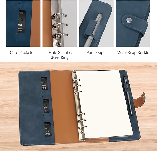 Vista 58 de FYY - Cuaderno de 6 anillos de piel sintética con bolsillos, divisores y papel de recarga, agenda de tamaño A5, color azul marmolado