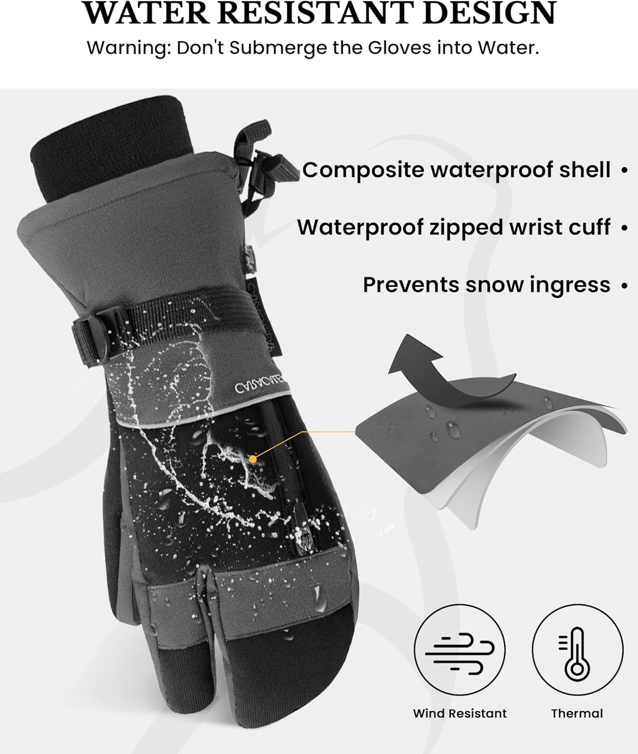 3-Fingers Ski Mittens for Men & Women Winter Snow Mitts Waterproof Gloves Warm 3M Thinsulate - Image 3