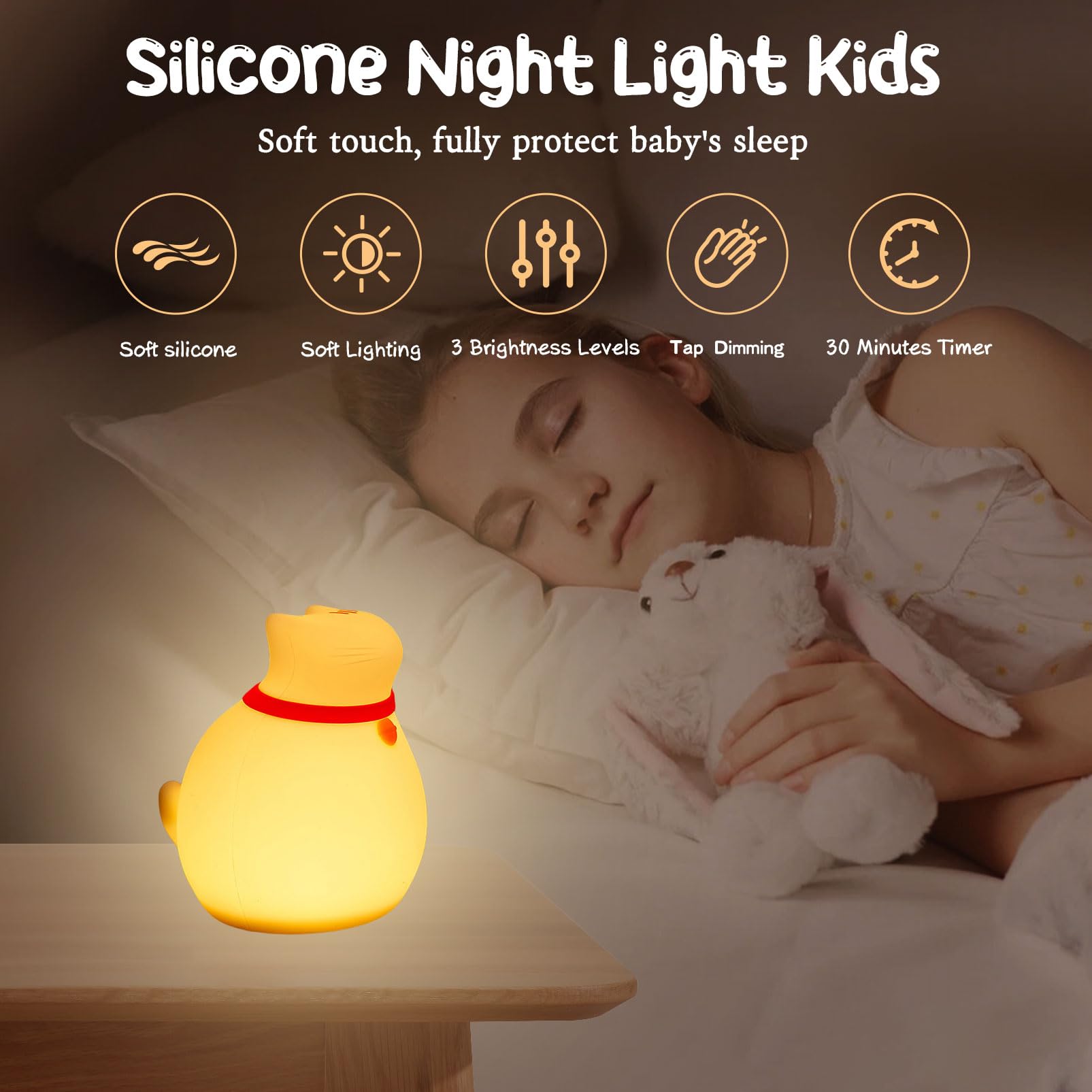 Auezona Luce Notturna Bambini,Lampada Gatto Silicone Luce Notturna Neonato 30 Minuti Timer, Lampada Notturna per Bambini LED Ricaricabile,Lampada da Comodino Cameretta Bambina, Regalo Neonato