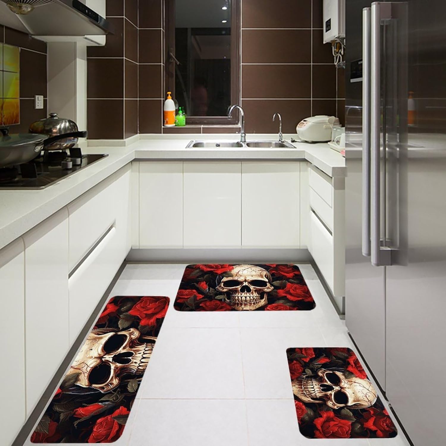 Skull Rose-Red Kitchen Mats for Floor 3 Pcs Kitchen Rugs