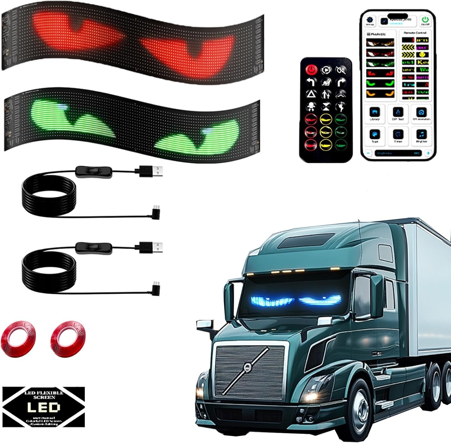 Oczy LED do ciężarówek, świecące oczy LED Devil Eyes, programowalny duży elastyczny wyświetlacz LED, wodoodporny z aplikacją i pilotem do samochodu, ciężarówki, okna sklepu, 70 x 173 mm, 2