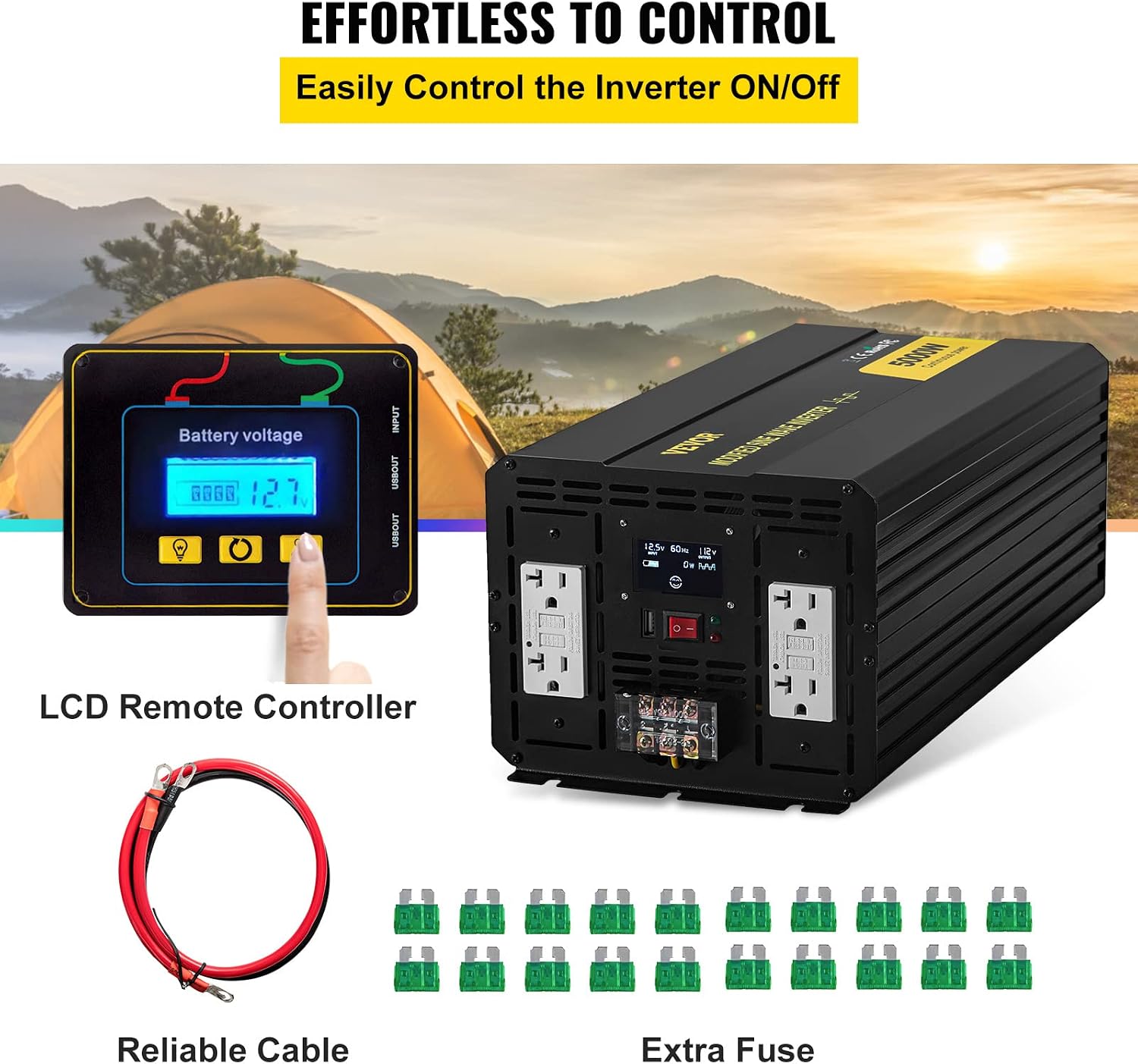 VEVOR Power Inverter, 5000W Modified Sine Wave Inverter, DC 12V to AC 110V Car Converter, with LCD Display, Remote Controller, LED Indicator, GFCI Outlets Inverter for Truck RV Car Boat Travel Camping
