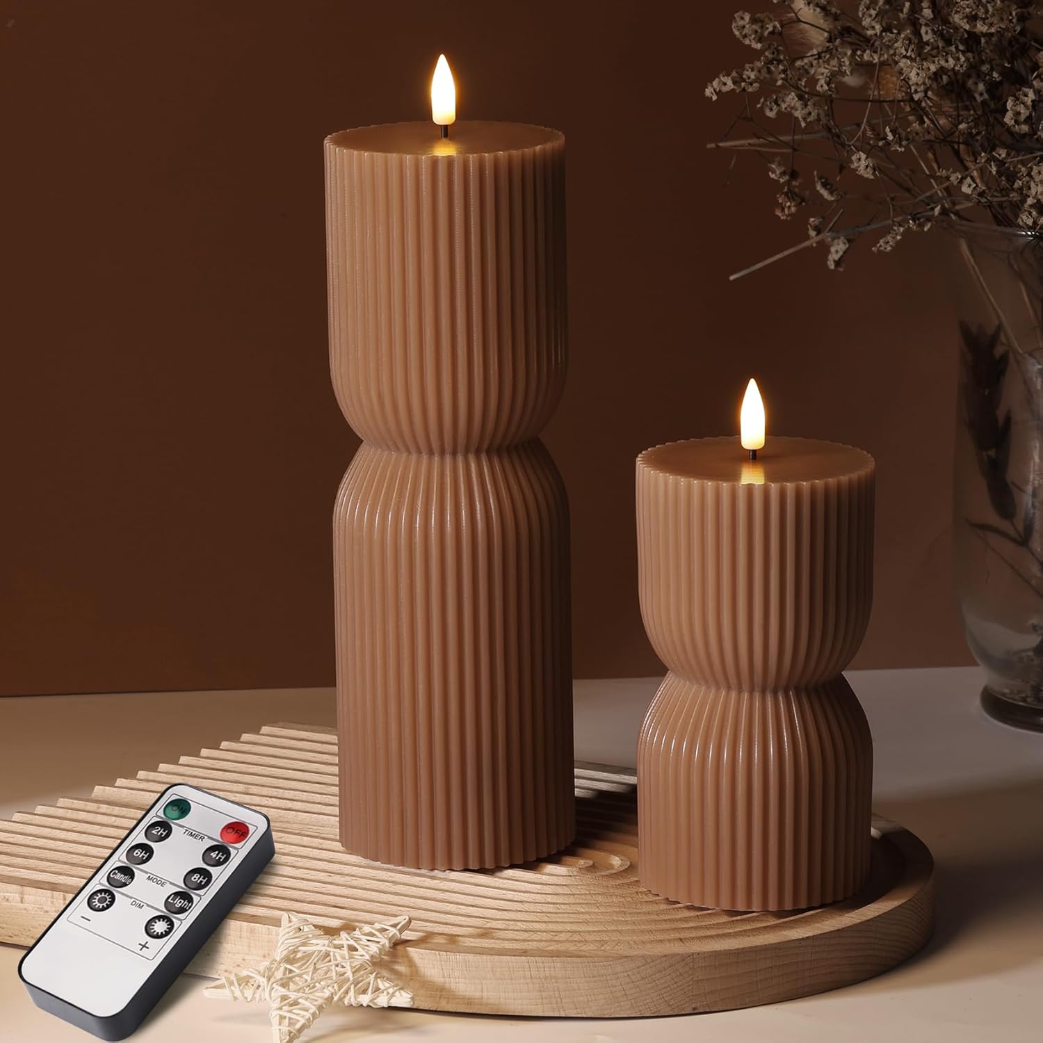 Brown Ribbed Flameless Pillar Candles with Remote, Real Wax Flickering Fall Battery LED Candles Set of 2