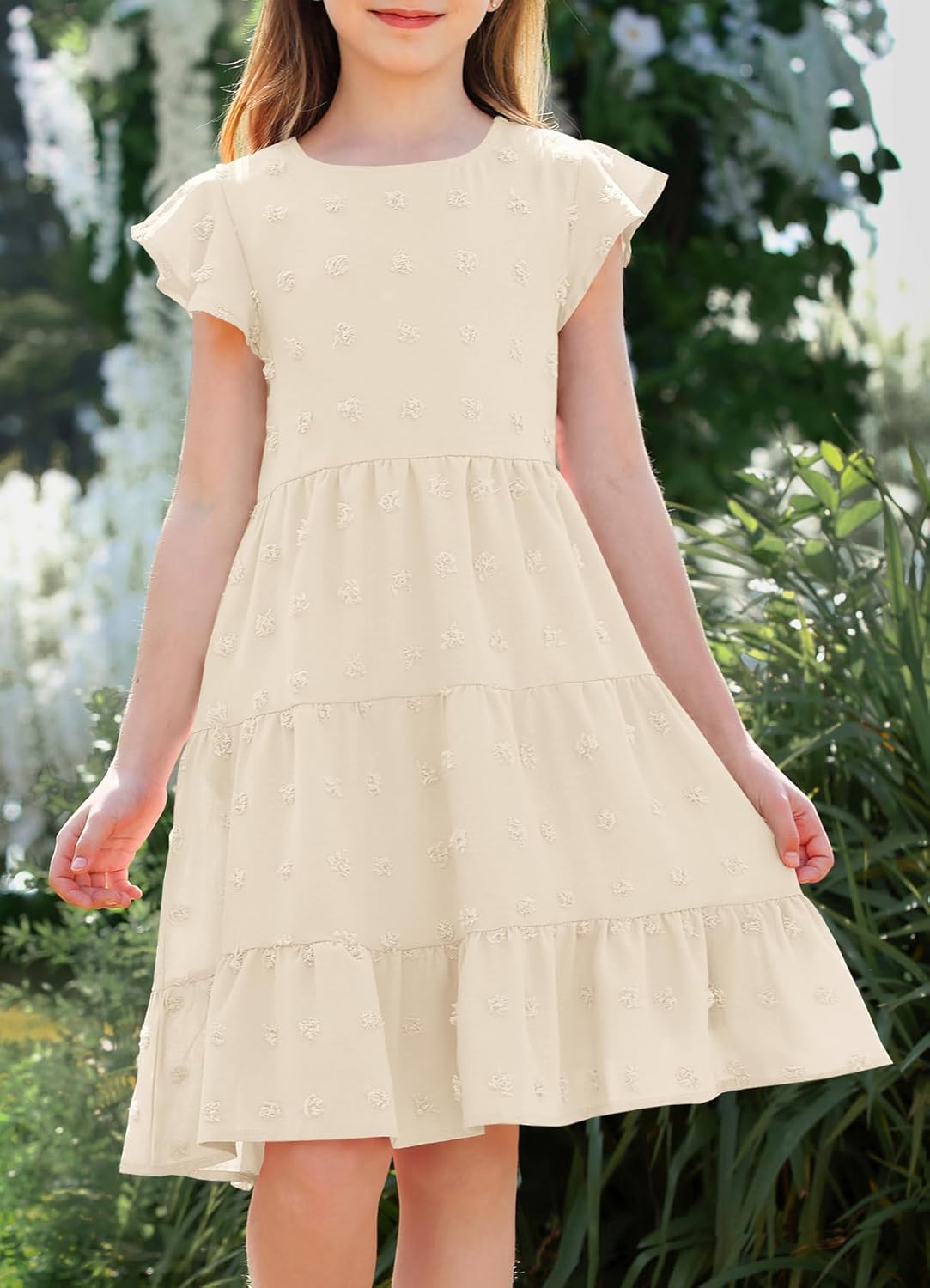 HOSIKA Girls Summer Cute Swiss Dot Flutter Sleeve Boho A Line Swing Tiered Casual Holiday Dress for 6-12 Years - Image 2