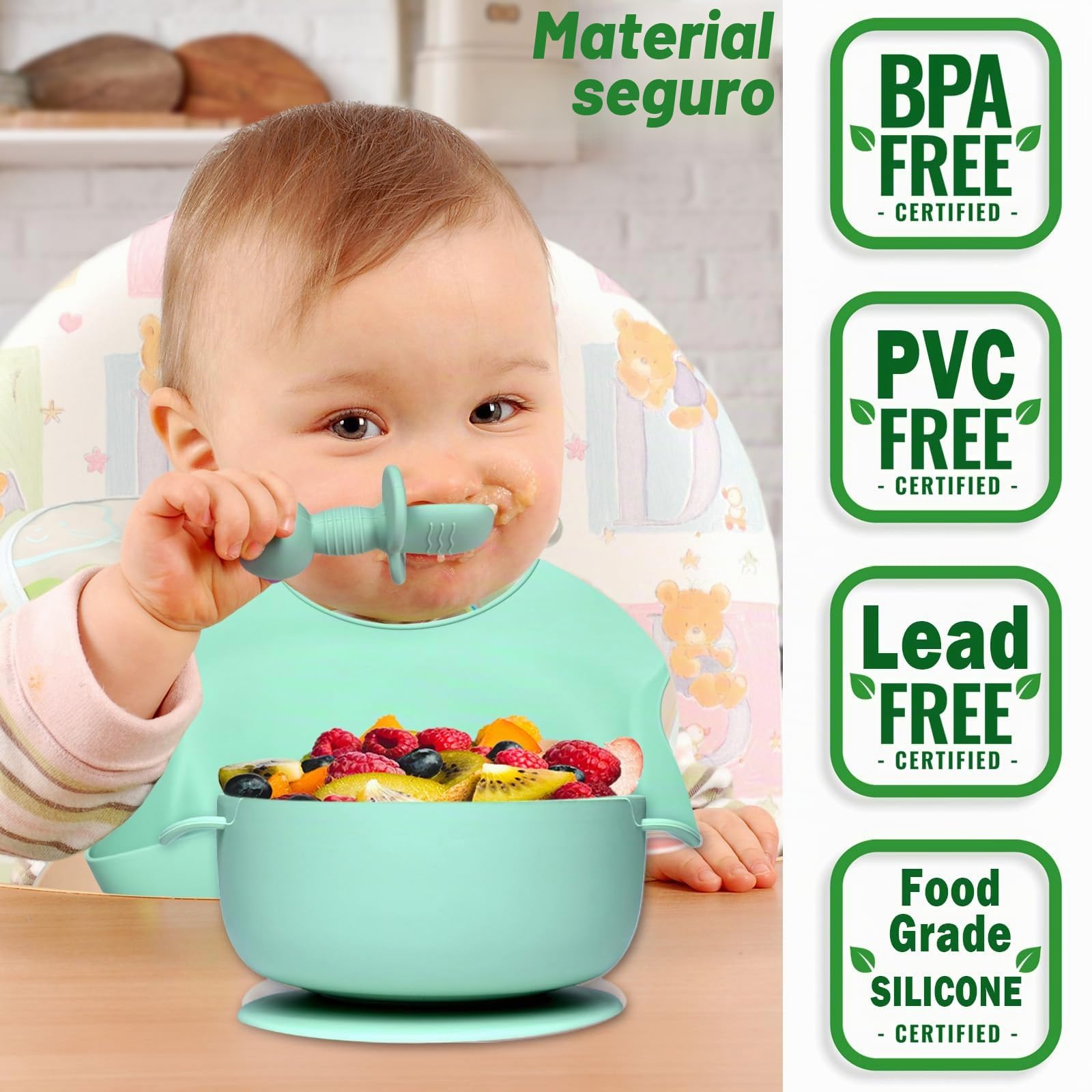 12 Piezas Vajilla de Siliconea para Bebés con Ventosa, Platos Impermeables y Set de Aprendizaje para Comer Destete (Verde)