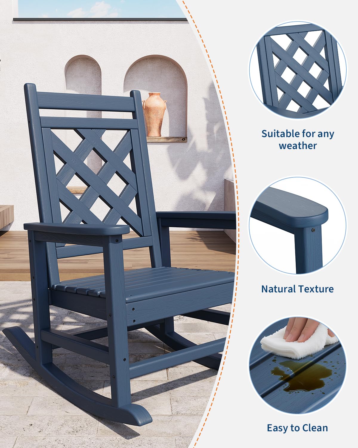 GarveeHome Wetterfester Schaukelstuhl Aus HDPE, Outdoor-Loungesessel Mit Karierte Rückenlehne Und Armlehnen, Großer Schaukelstuhl Mit Hoher Rückenlehne, Für Pool Und Terrasse, 61 x 89 x 102 cm