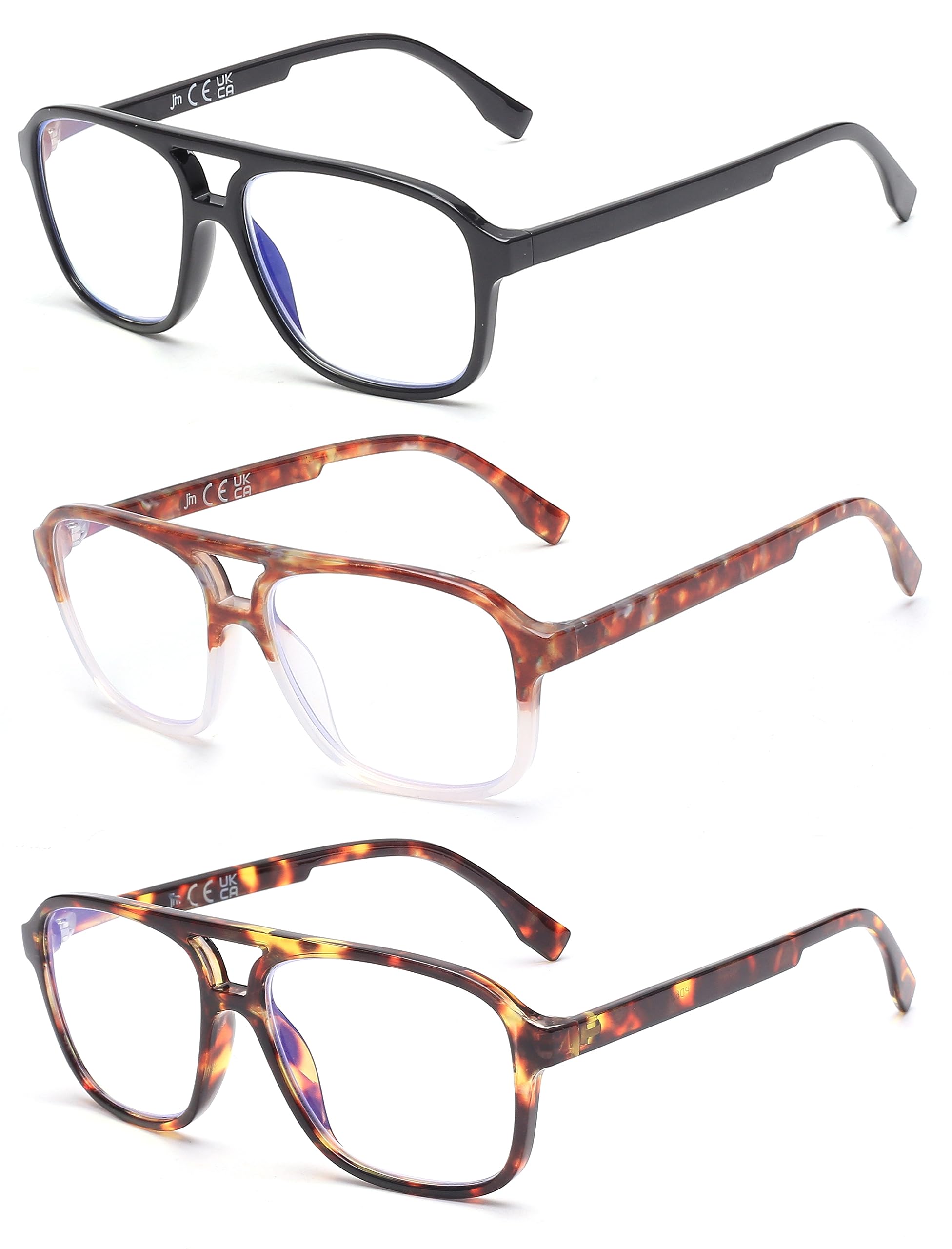 JM 3 Pack Clásicas Gafas de Lectura para Mujer Hombre, Piloto Cuadrado con Bloqueo de Luz Azul