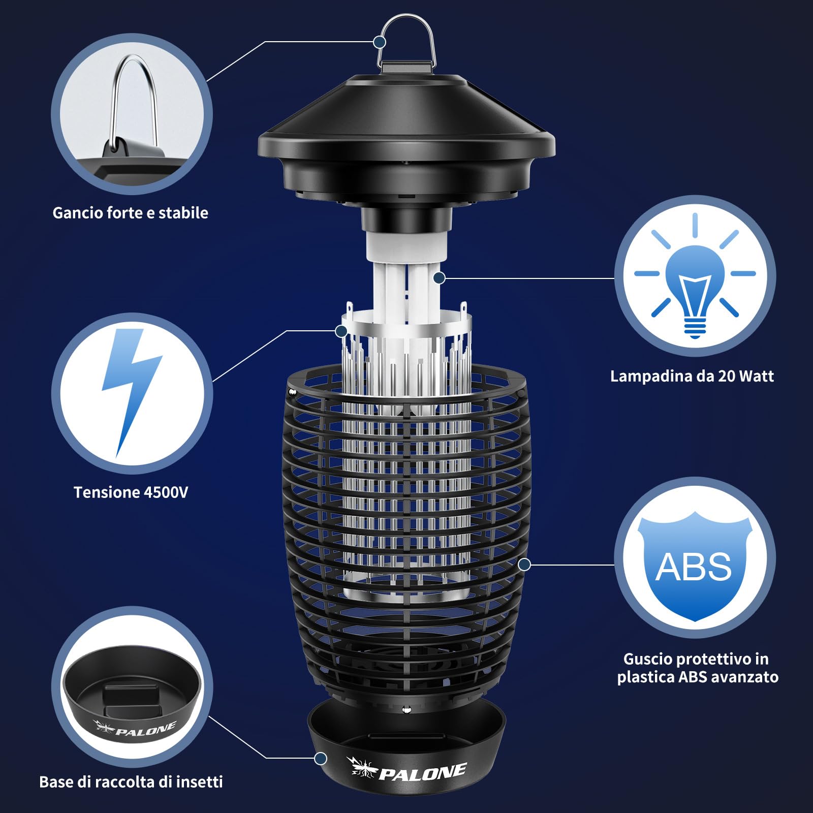 PALONE Lampada Antizanzare Elettrica, 4500V 20W UV Zanzariera Elettrica Impermeabile IPX4, per Insetticida Zanzare per Casa Giardino Interno Esterno Cucina, con 1 Spazzole Pulite