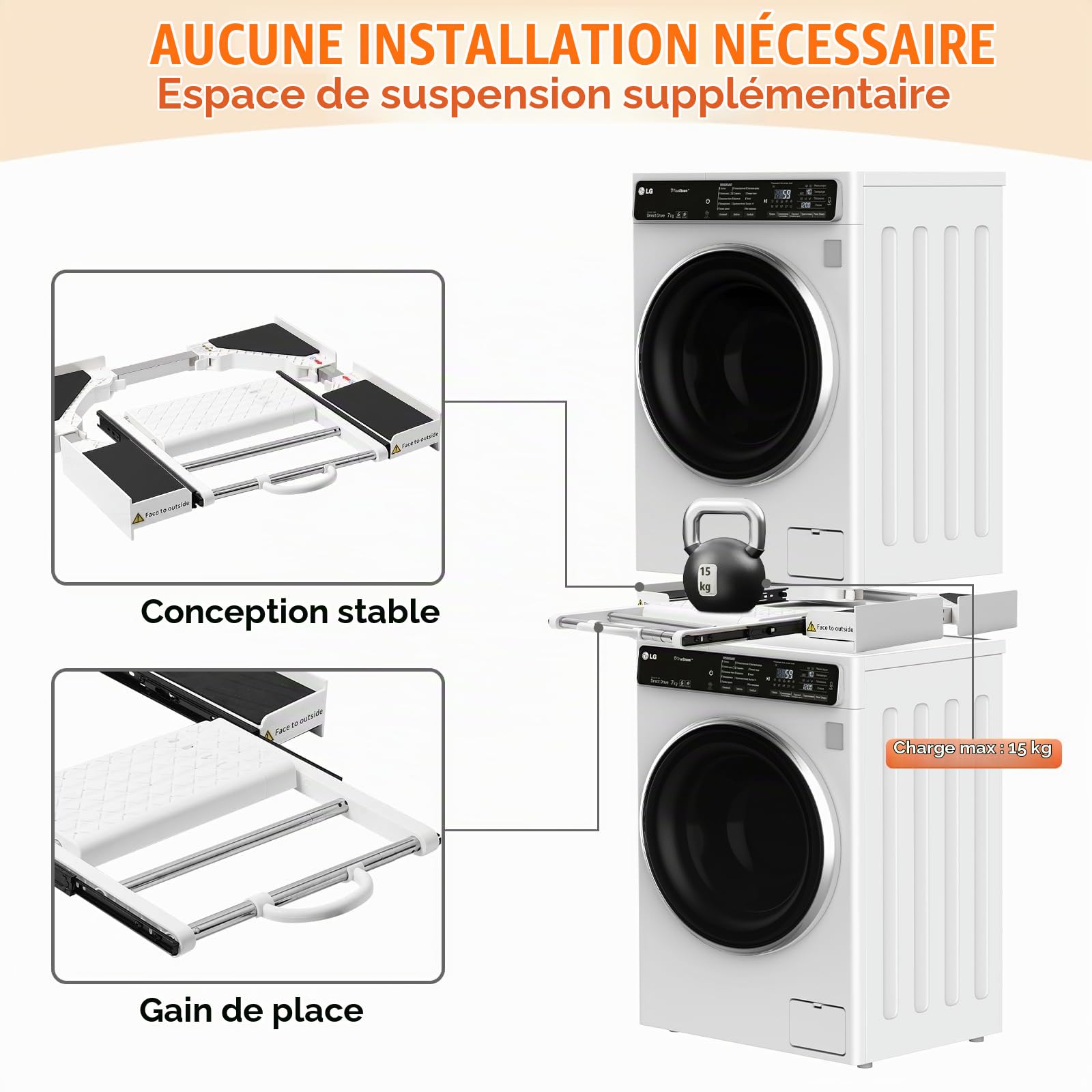 MISTRO Kit de Superposition Universel Réglable 42-73cm Cadre Intermédiaire Monobloc avec Tablette Extensible 12kg et Barre Porte-Serviettes Station de Pliage Gain de Place pour Buanderie