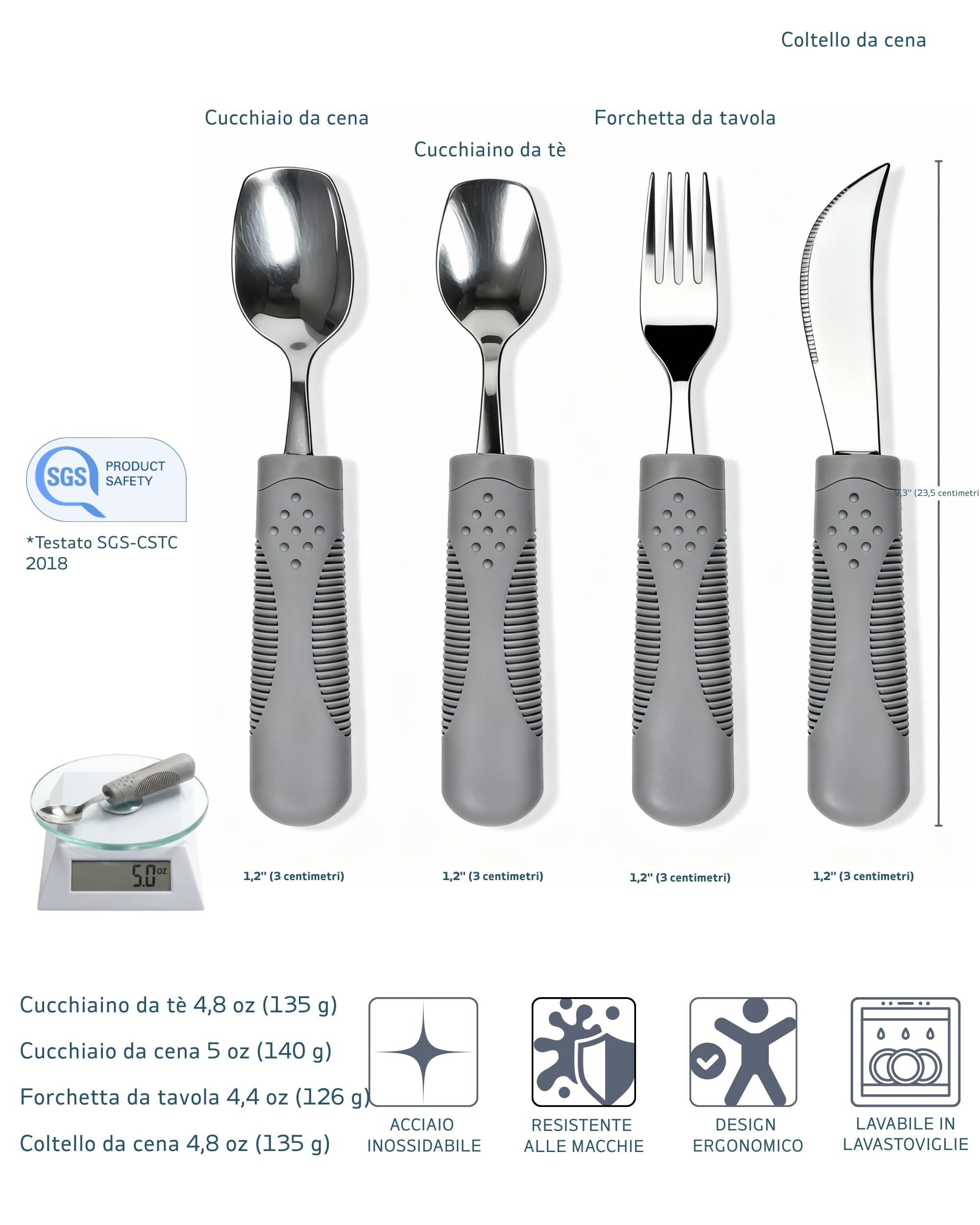 Set Posate Adattive Pesate 142g Argenteria Moderatamente Pesata per Tremore alle Mani Parkinson – Coltello a Dondolo, Cucchiaio Pala, Impugnatura Ergonomica (Grigio)
