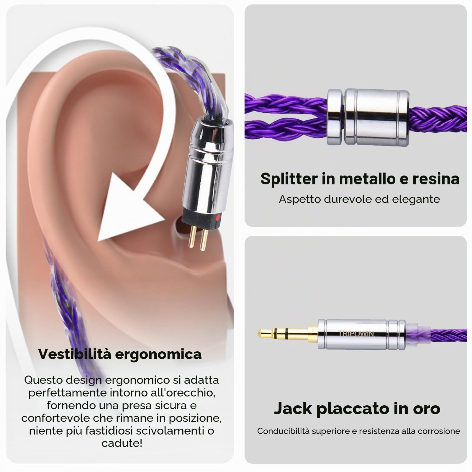 Linsoul Tripowin Zonie IEM Cavo, 16 Core Placcato Argento Cordoni Aggiornati, 1.25m SPC in Ear Monitor Cavi per 7hz Zero:2 Orchestra Lite Cadenza Hype4 Supermix4(2pin 0.78mm, 4.4mm)(Viola)
