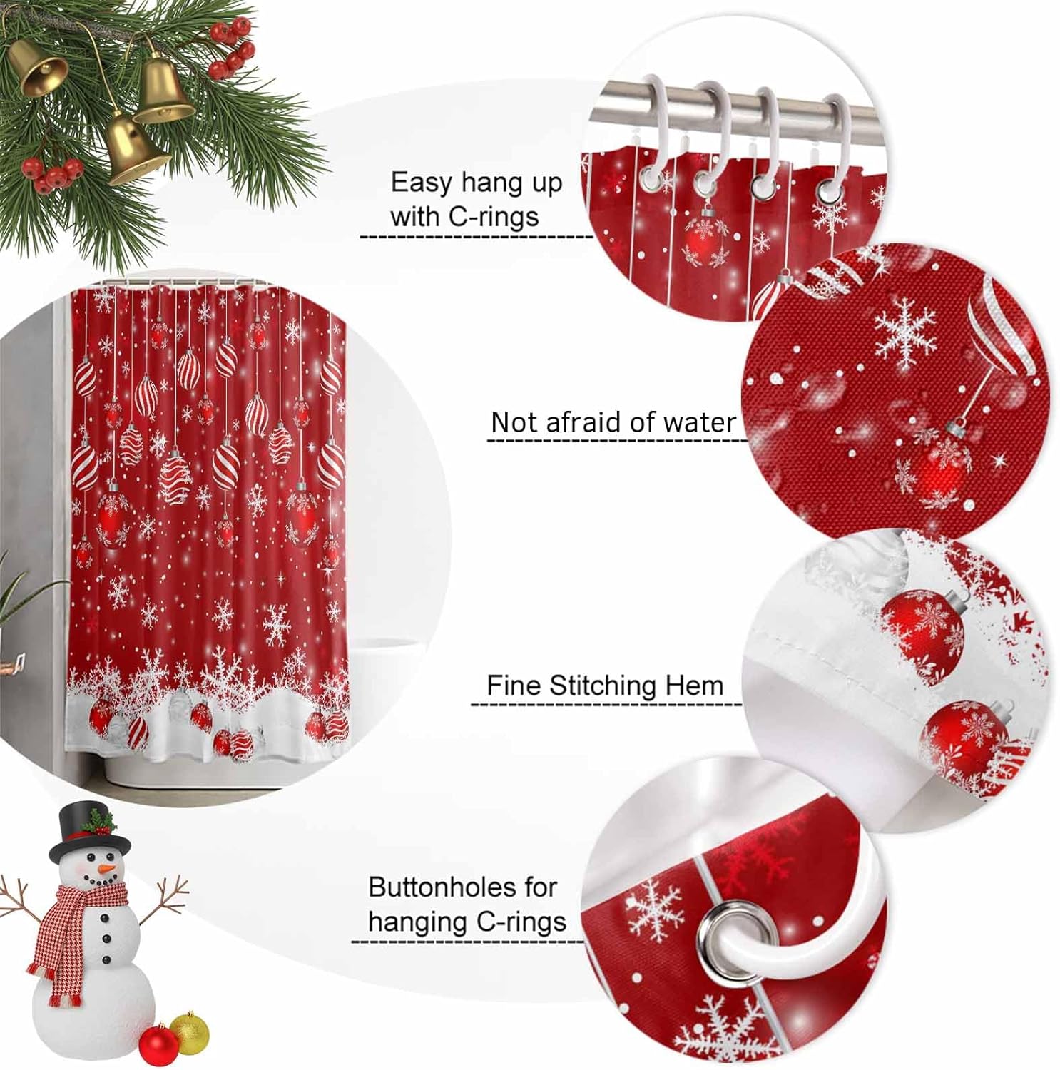 Christmas Shower Curtain Winter Snowflake Xmas Shower Curtains with 12 Hooks Waterproof Red Xmas Balls Bath Curtain for Bathtub, Bathroom Decor Lightweight Red Fabric Shower Curtain Set 72x84 Inch