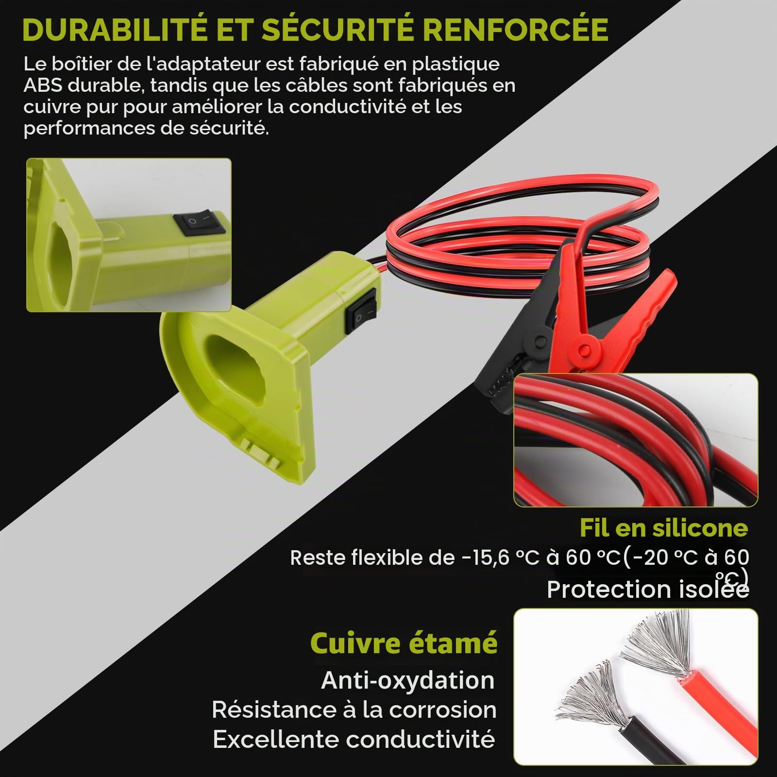 Adaptateur de démarrage pour voitures, compatible avec batterie Ryobi 18 V, 12 AWG, 1,8 m, démarreur portable, câble de démarrage pour voitures, alimentation pour démarrer les véhicules légers (Vert