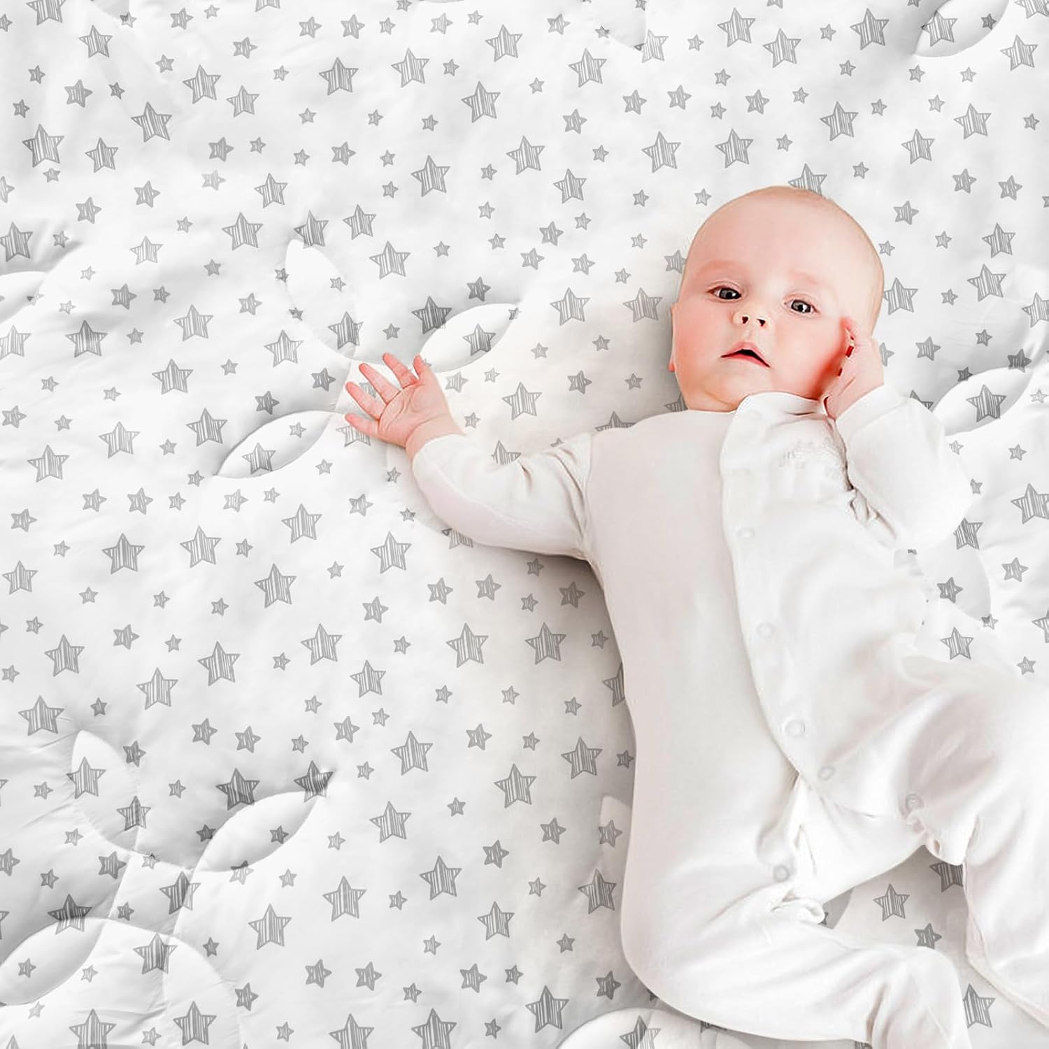 Baby Play Mat 71“x59” Thick Baby Crawling Mat, Large, Non Slip Padded Baby Playpen Mat for Playing 71x59 Inches, One-Piece Baby Floor Mat for Babies, Toddlers, Withe with Four-Leaf Clover Quilting White Star 71x59 Inch