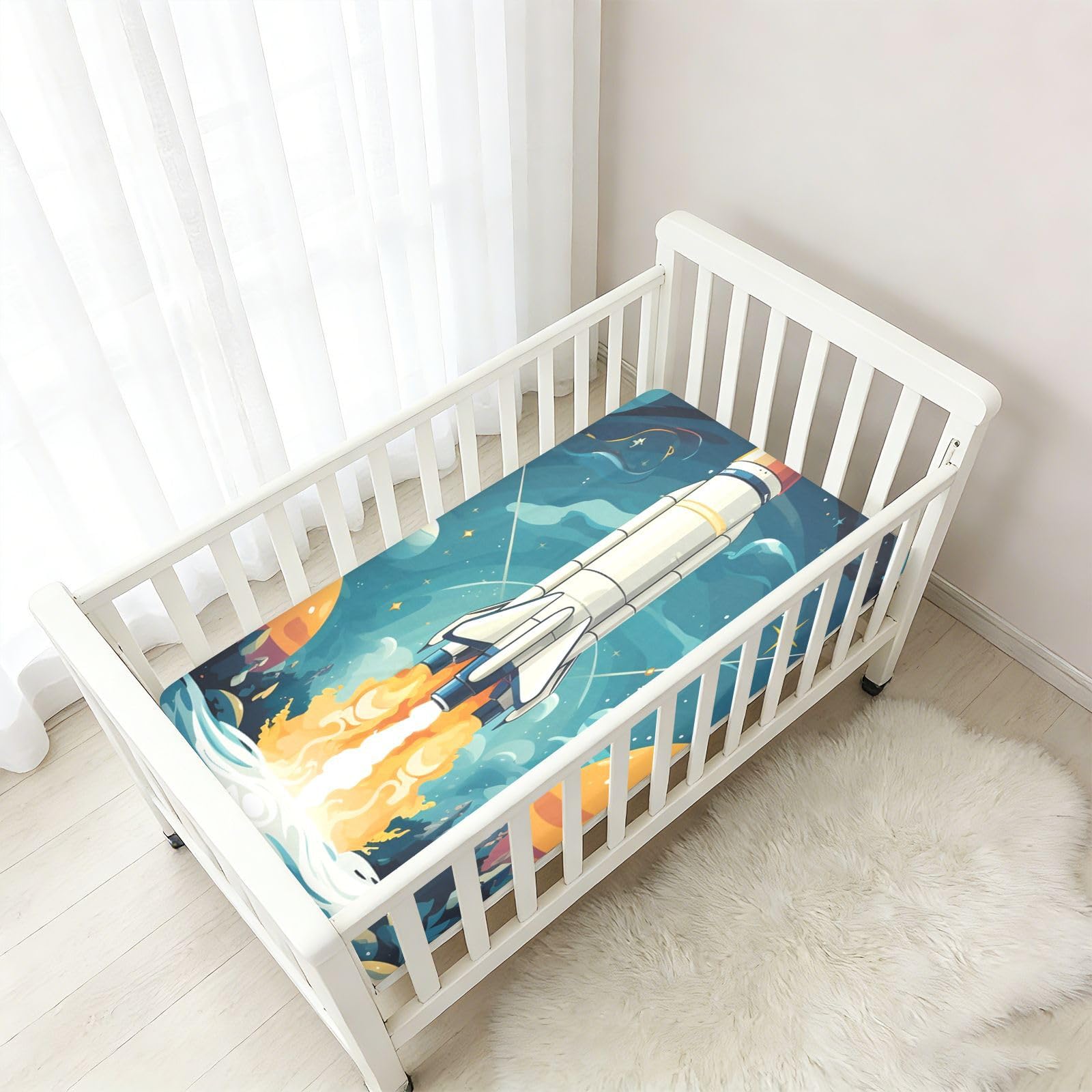 Cielo Estrellado Cohete Arte Oscuro Sábana de Cuna para Niños Pequeños,Sábanas de Algodón Suave para Bebés Aptas para Colchón Corralito