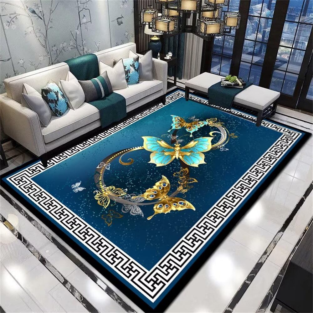 Tapis de sol enfant bleu papillon jaune 70x200cm pour decoration de chambre