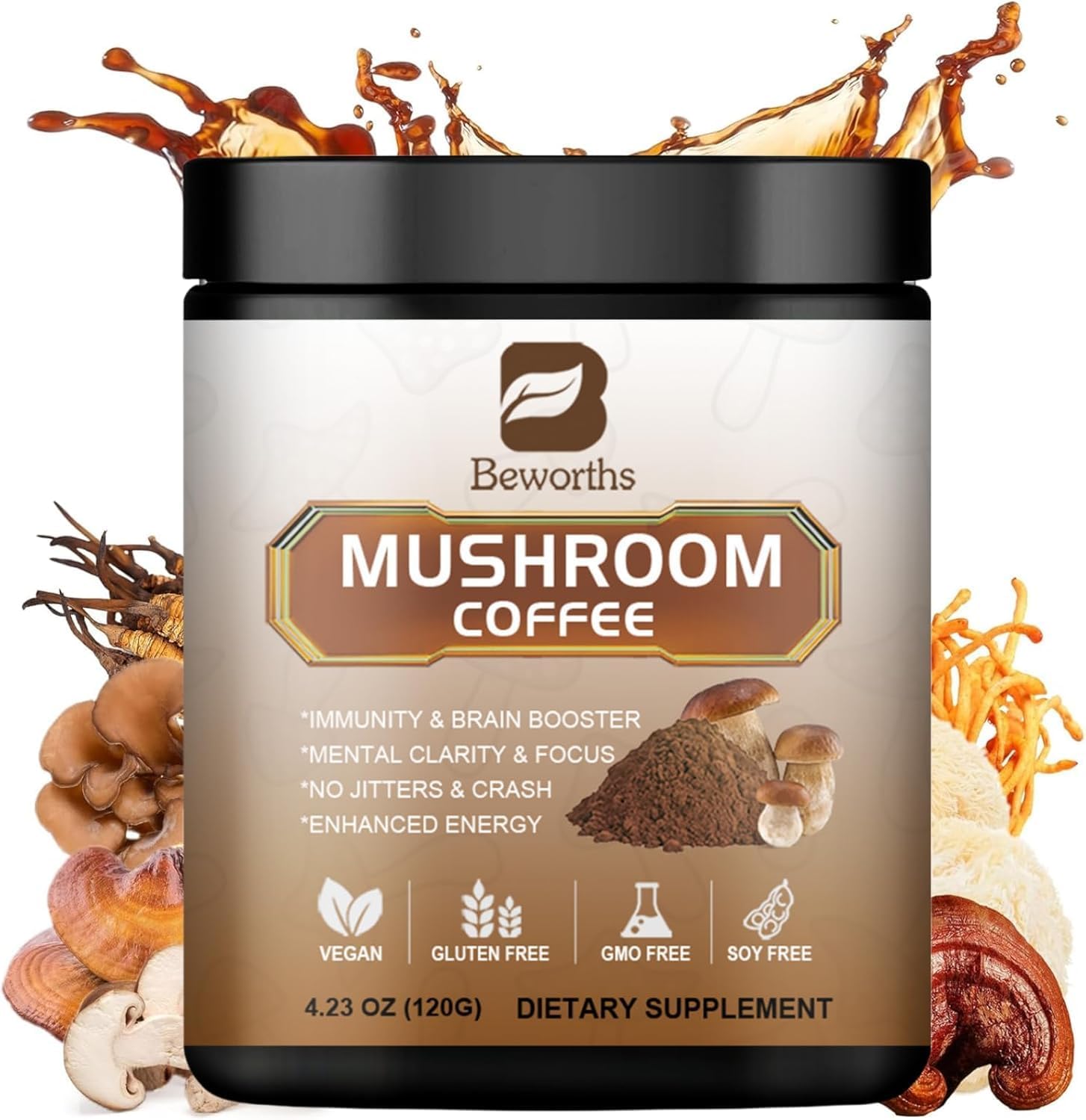 Mushroom Coffee – Lions Mane Mushroom Powder Instant Coffee with Lion’s Mane, Reishi, Chaga, Cordyceps, and Turkey Tail – Mushroom Coffee Alternative for Energy,Focus, Brain Booster – Chocolate