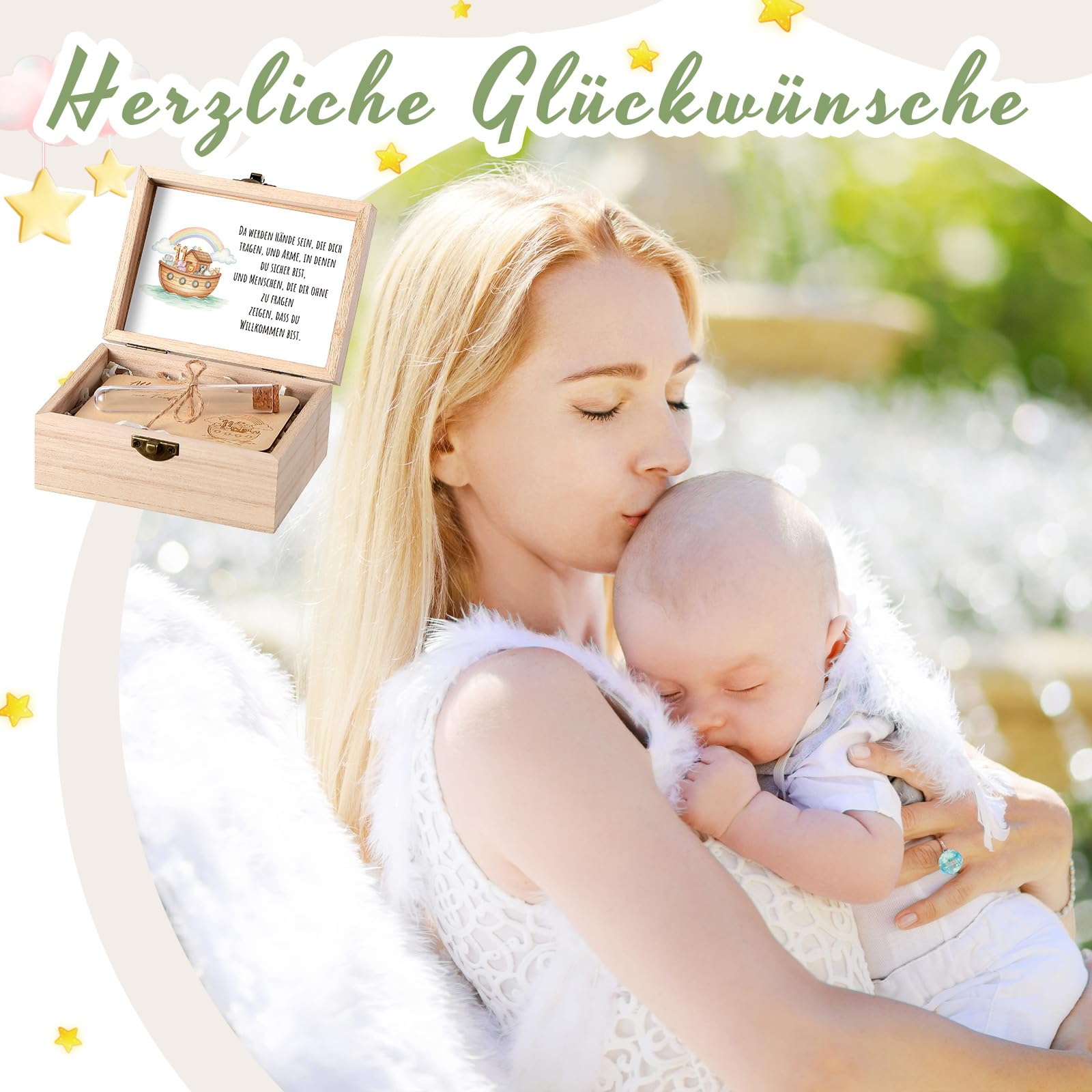 Namalu 4er Set Taufe Geldgeschenk Holzbox mit Regenbogen und Tier Arche Noah Reagenzglas Holzsplitter Grußkarte und Raffia Gras Geldgeschenk Verpackung für Party Gäste Taufe Deko