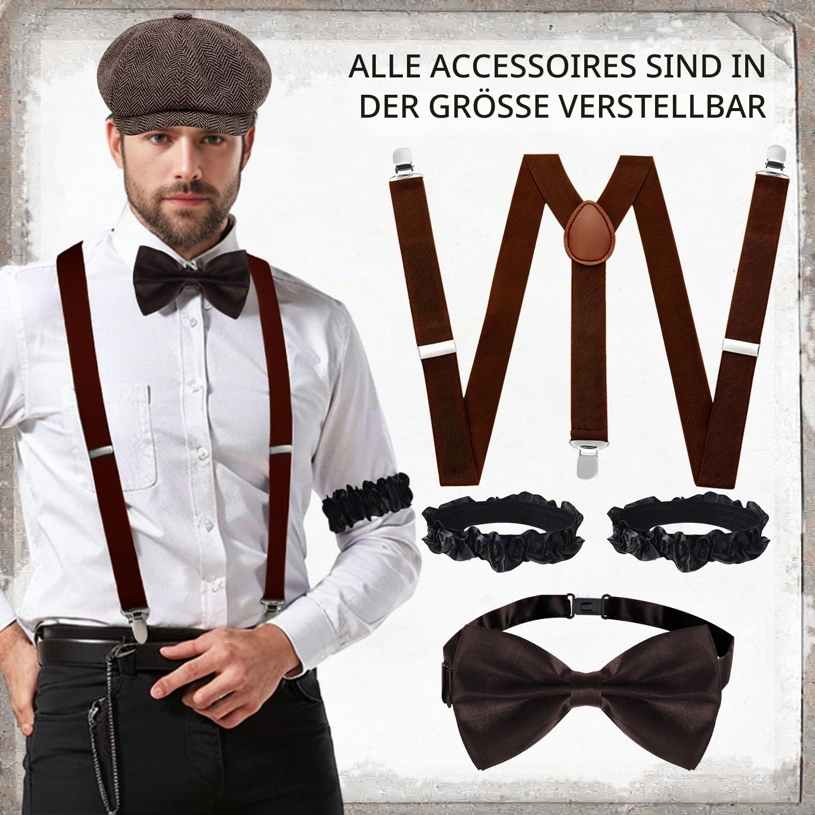 JONRRYIN 20er Jahre Kostüm Herren Accessoires, 1920er Mafia Kostüm Herren Set, 20er Jahre Herren Kleidung Zubehör mit Westen & Verschiedenen Accessoires für Halloween, Karneval Kostüm