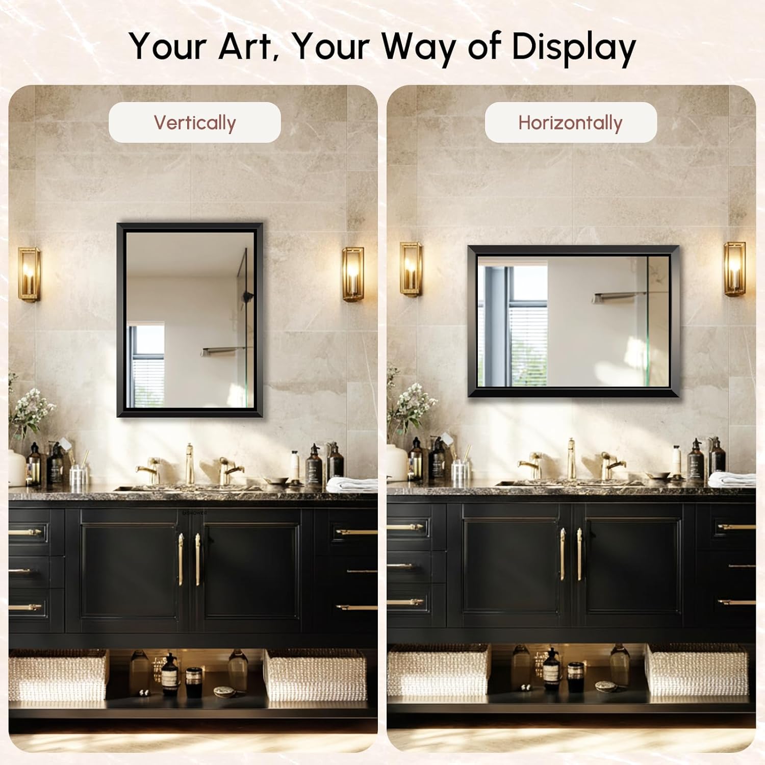 USHOWER 24x32 Brushed Black Bathroom Mirror for Over Sink, Beveled Aluminum Frame Vanity Mirror, Anti-Rust, Horizontal or Vertical Wall Mount, Modern Rectangle Mirror for Bathroom, Bedroom, Entryway
