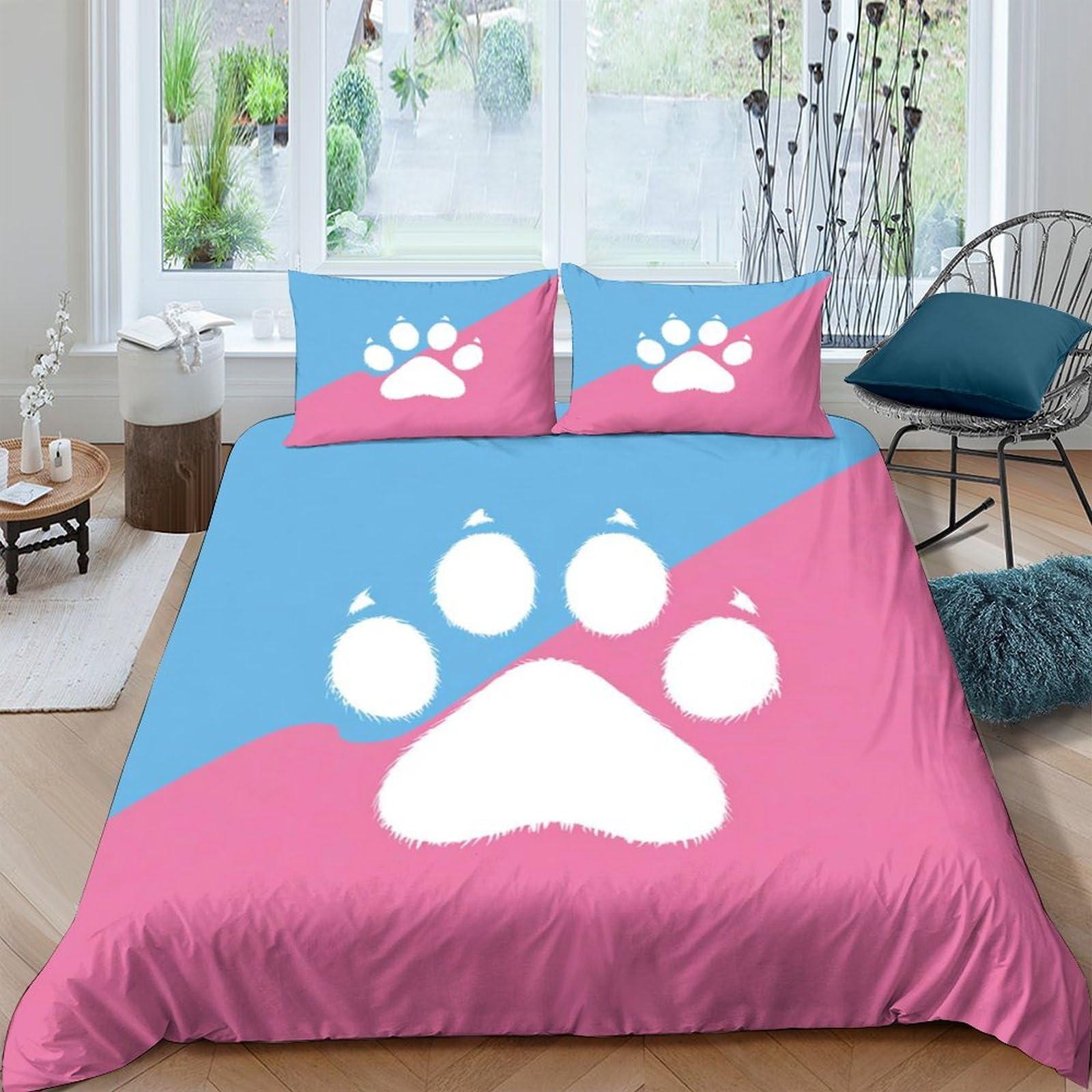 GPLZQXKJNH 3D Printed Paw Print Duvet Cover Set Microfiber Pink Blue Bedding with 2 Pillowcases for Bedroom Decor Single（135x200cm）