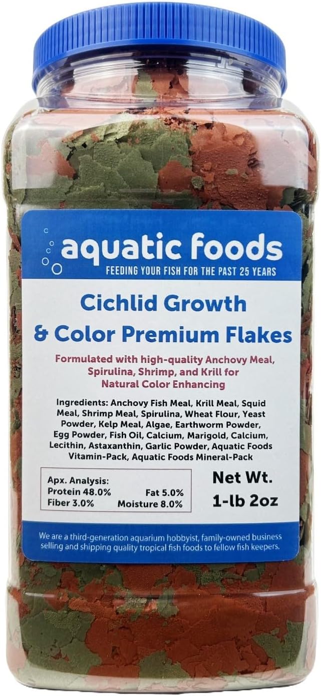 Aquatic Foods Inc. Cichlid Growth & Color Enhancing Flakes for Cichlids, Discus, All Tropicals. Aquatic Foods Premium Flakes…1-lb 2oz Lg Jar