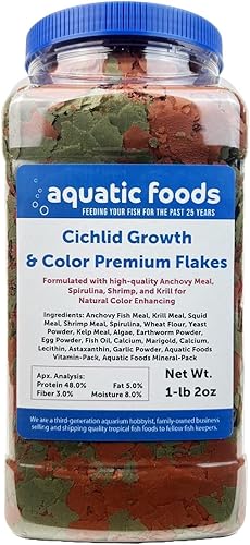 Miniatura 6 de Aquatic Foods Inc. Cichlid Growth & Color Enhancing Flakes for Cichlids, Discus, All Tropicals. Aquatic Foods Premiun Flakes6oz Med Jar