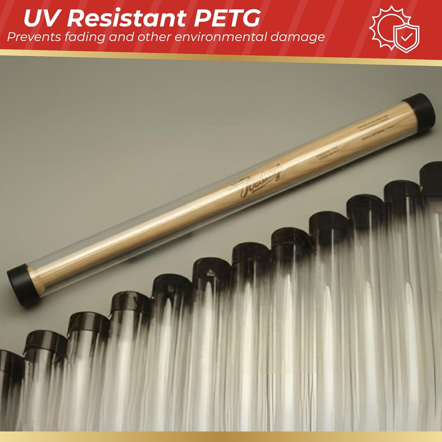 Cardboard Gold Baseball Bat Tube Display Case - Clear PETG Storage Tube with Black Rubber End Caps - Holds Standard Bats 2.75 x 36 - Ideal for Bat Display/Protection, Posters, Drawings