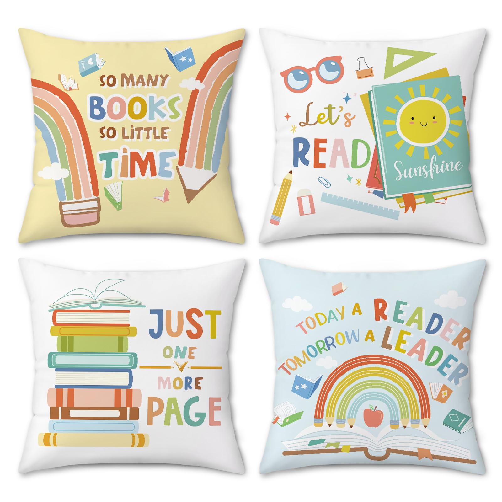 Bonhause Books Cushion Covers 45 x 45 cm Pencils Reading School Decorative Throw Pillow Covers Soft Velvet Pillowcases for Sofa Couch Bed Home Library Classroom Corner Decor Set of 4