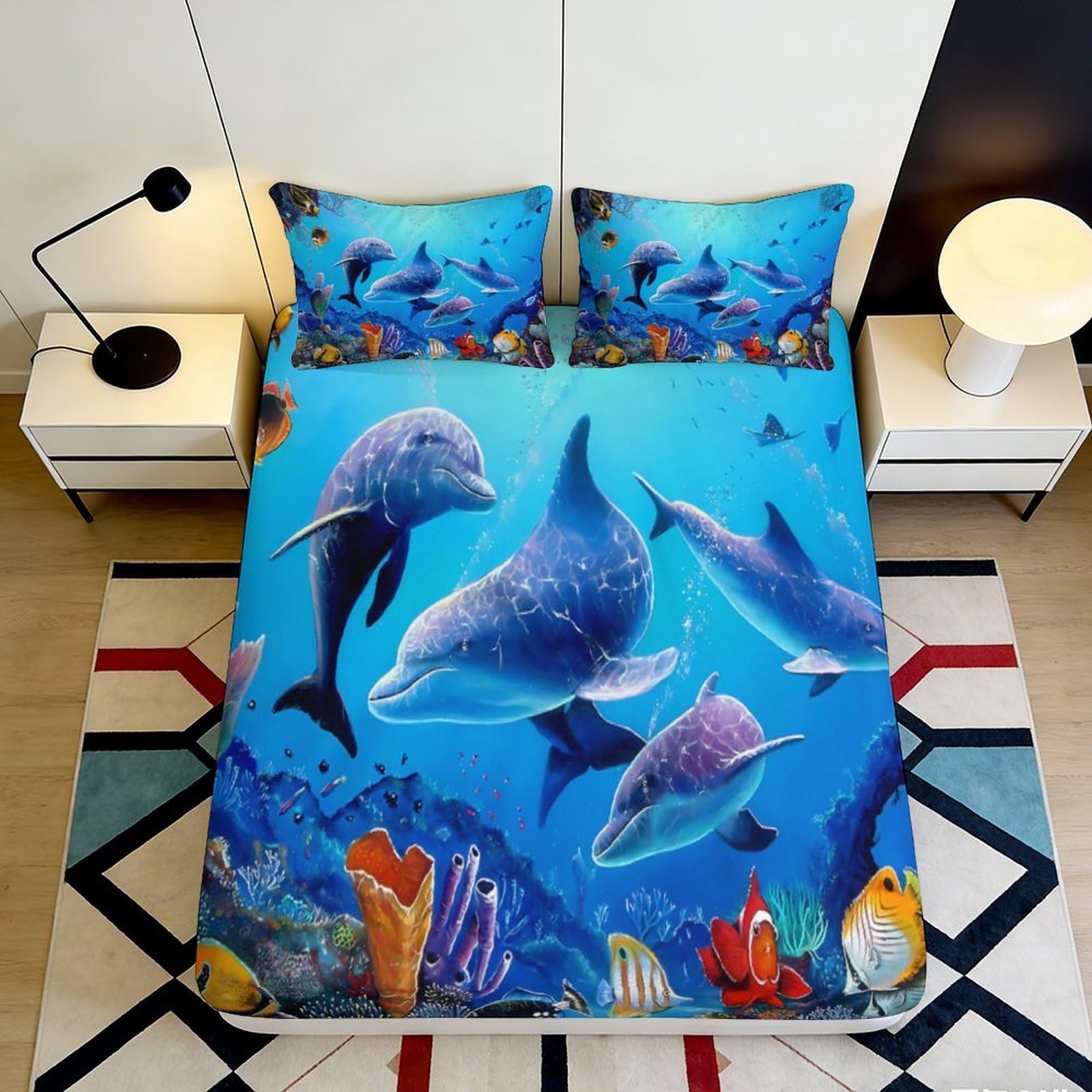 3D Printed Dolphin Ocean Fitted Sheet Microfiber Soft Breathable Underwater Scene Bed Cover for Bedroom Dormitory Guest Room Mattress Protection 140x200x25cm